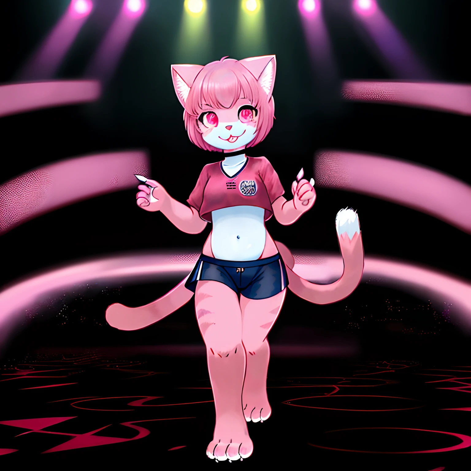 kelly corgi, mammal, canine, female, solo, anthro, pink fur, two-tone fur, furry, highlights \(coloring\), eye shadow, eyelashes, pink body, pink collar, cute eyes, nude, slightly chubby, wide hips, rear view, big butt, presenting, microphone, 4 fingers, standing, looking at viewer, wink, bedroom eyes, seductive, stage, hi res, absurd res, digital media \(artwork\), 1:1,  hand on hip, short stack, <lora:Kelly_Corgi_Lora:0.7>