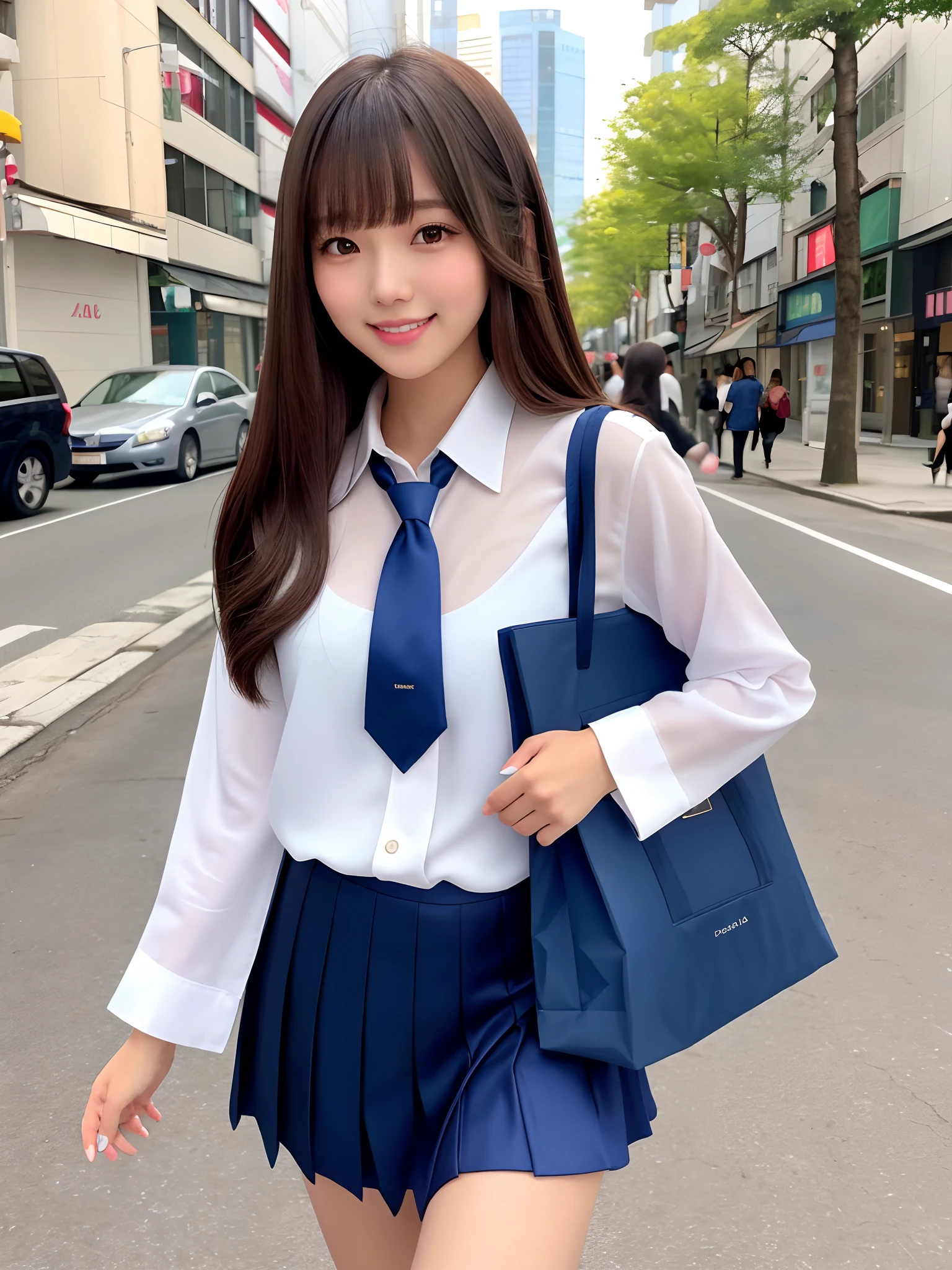 product quality, 1girl, upper body shot, front view, a Japanese young pretty woman, long bob hair, walking on a crowded sidewalk with a big smile in the morning, beautiful sunshine, glamorous figure, wearing a long sleeves dark blue cardigan over white collared silky satin shirt with shiny satin dark blue plain tie, wearing a dark blue pleated long skirt, carrying one tote bag over her shoulder, hyper cute face, glossy lips, double eyelids in both eyes, natural makeup, long eyelashes, shiny smooth light brown long bob hair, asymmetrical bangs, a tanned skin, central image, high resolution, high detail, detailed hairstyle, detailed face, spectacular cinematic lighting, octane rendering, vibrant, hyper realistic, perfect limbs, perfect anatomy