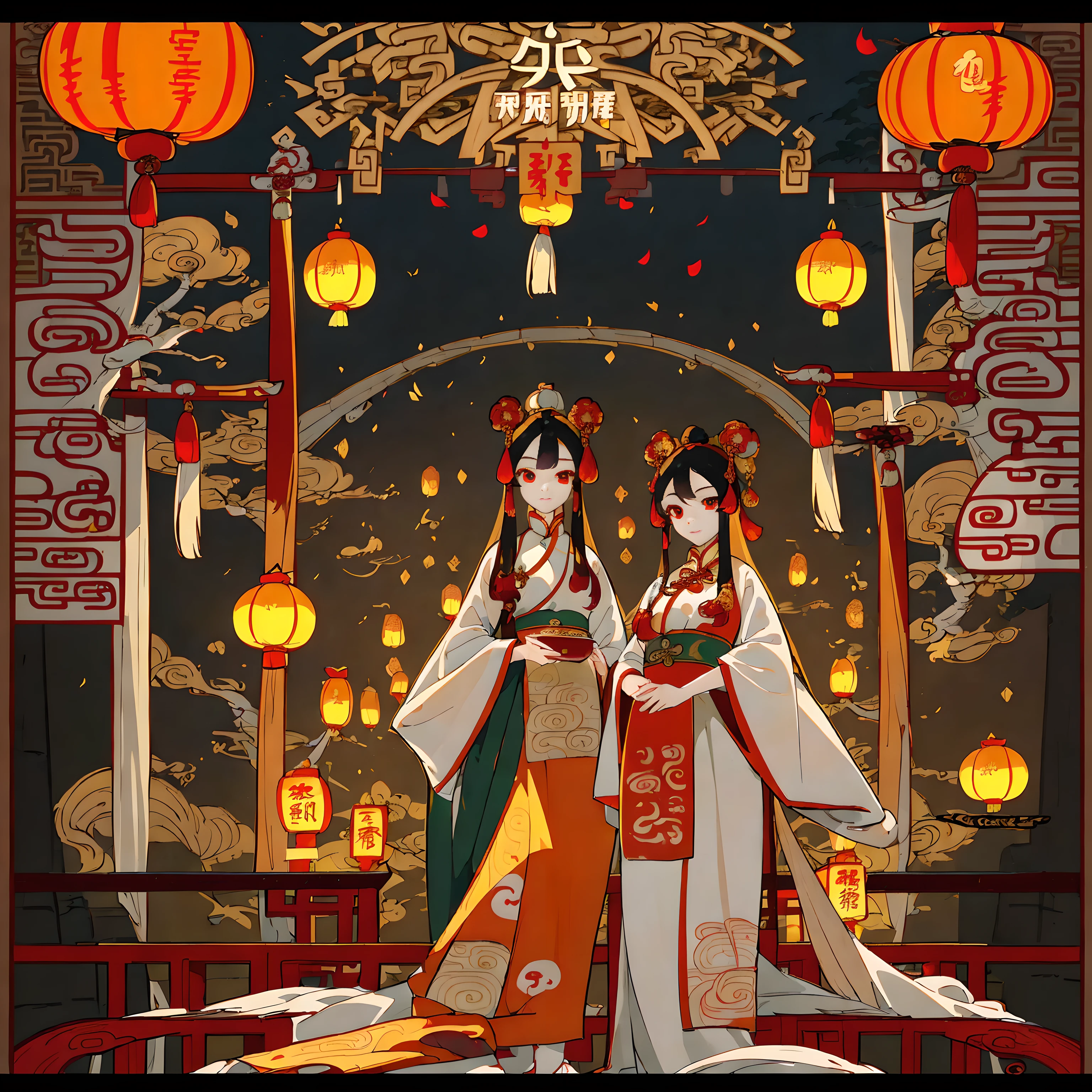 Three girls in colorful dresses standing on the bridge,full bodyesbian,Mid-range vision, Princesa chinesa antiga, ancient asian dynasty princess, Wearing ancient Chinese clothes, China Princess, palace ,Girl in Hanfu, ancient china art style, Chinese dress, Chinese fantasy, Chinese traditional, with acient chinese clothes, an ancient Chinese goddess, imperial royal elegant clothing, Chinese costume,Beautiful rendering of the Tang Dynasty, evening lanterns, Wearing ancient Chinese clothes, Hanfu, Traditional Chinese clothing, colorful kitsune city, Chinese traditional, dreamland of chinese, Chinese costume, warm and joyful atmosphere, Tang Dynasty Palace, photo taken at night, tea drinking and paper lanterns,Complex background,Night Downtown,A masterpiece,4K HD pictures waiting to start
