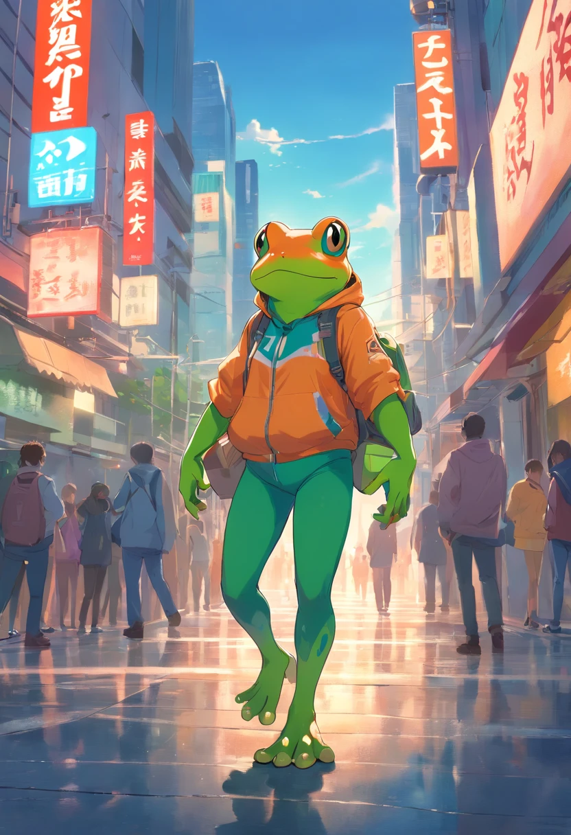 ((Raw foto)), ((masterpiece)), Anthropomorphic humanoid frog in human clothes, hoods, Pants, a person々Furiously walking between, intricate detailes, Complex Griebles works, The city behind, muscular body, Muscular arms, small head, Giant Demon, titan, espadrilles, softlighting, 32K, A hyper-realistic, The background details are exquisite,The scene is surreal,Create attractive graphic styles