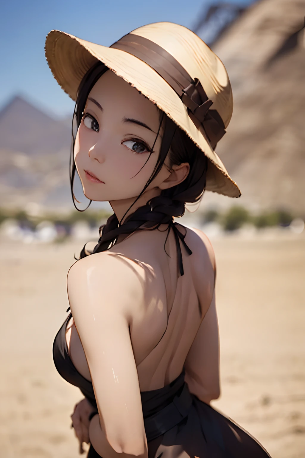 cowboy shot, masterpiece, best quality, intricate details, illustration, epic lighting, cinematic composition (ankha (animal crossing), cat tail, cat ears, short blue hair with bangs), ((super tight white micro skirt) ), deadpan, (looking at viewer: 1.1), professional seductress, seductive pose, outdoors, desert, sand, oasis, palm trees, river, pyramid