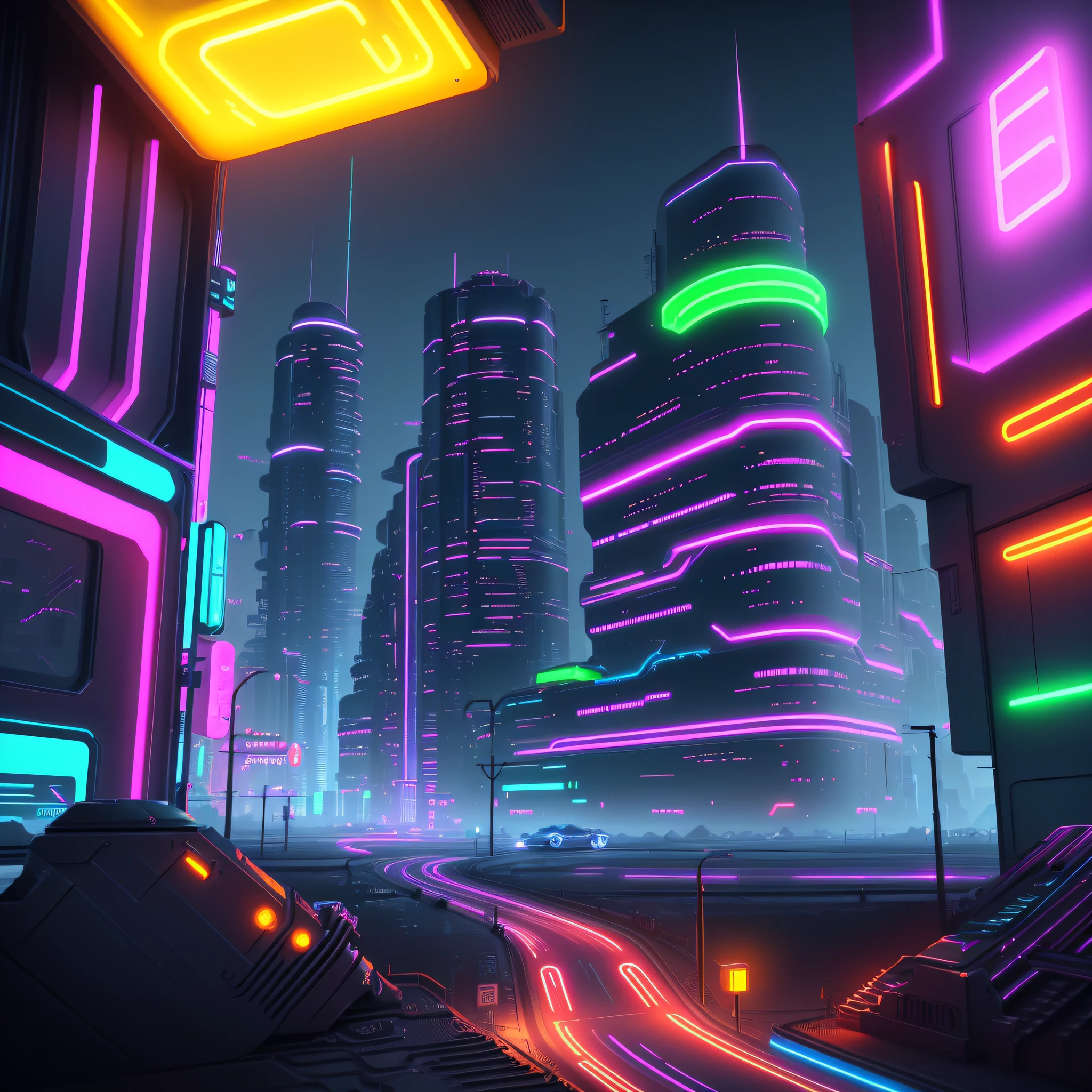 future delorian city, neon environment, abstract black oil, gear wick, detailed acrylic, grunge, intricate complexity, rendered in unreal engine, photorealistic neon colors blue/red/purple, blue, red, neon green