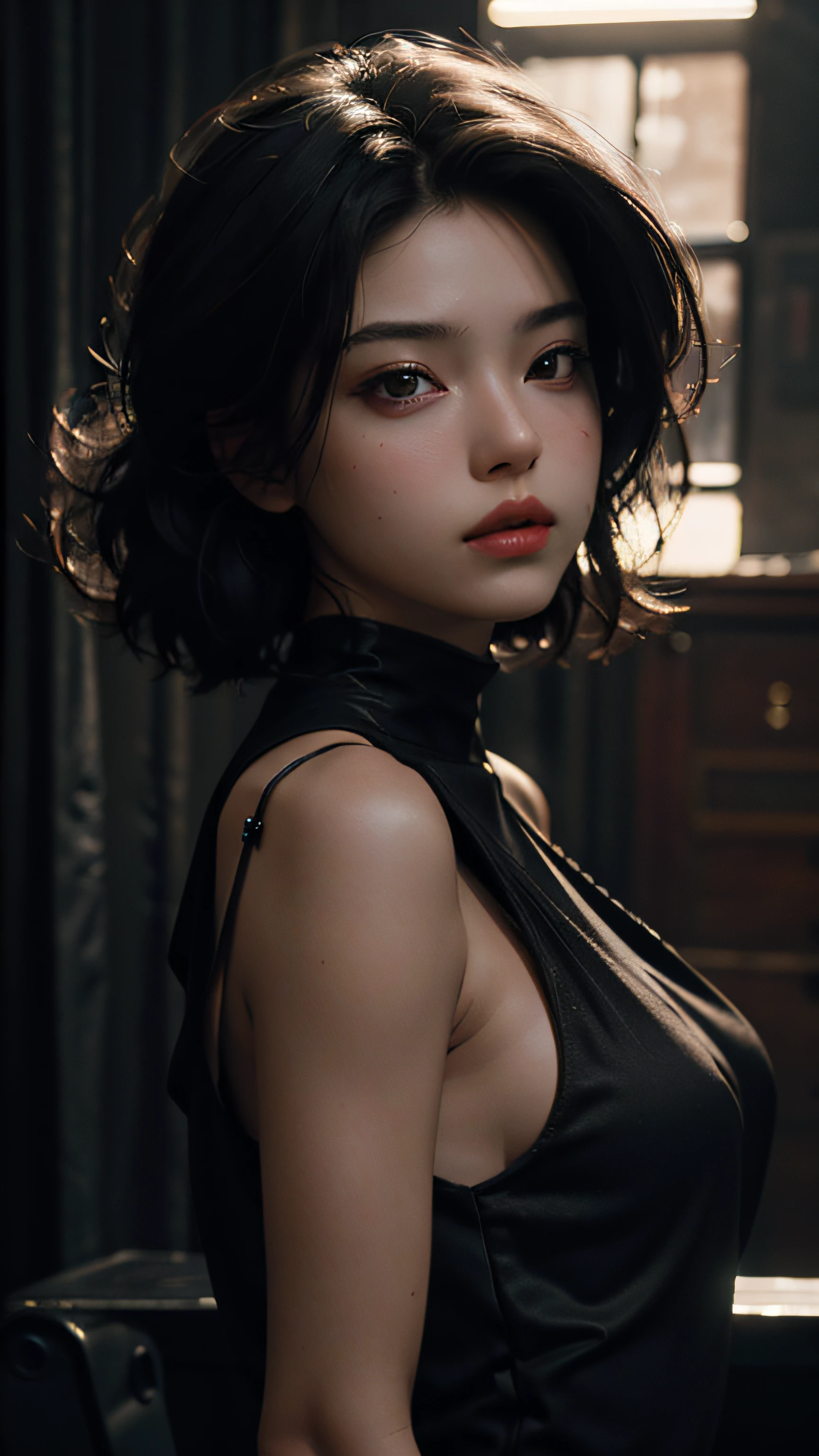 Best quality, masterpiece, ultra high res, (photorealistic:1.4), raw photo, 1girl, black dress, cinematic lighting