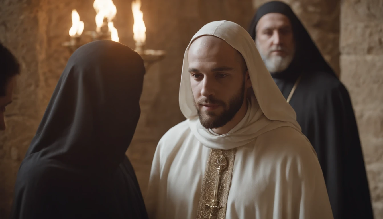 ritual of male priests with insensus, wearing hood. in the basement of the Jewish temple, facing the sun..
