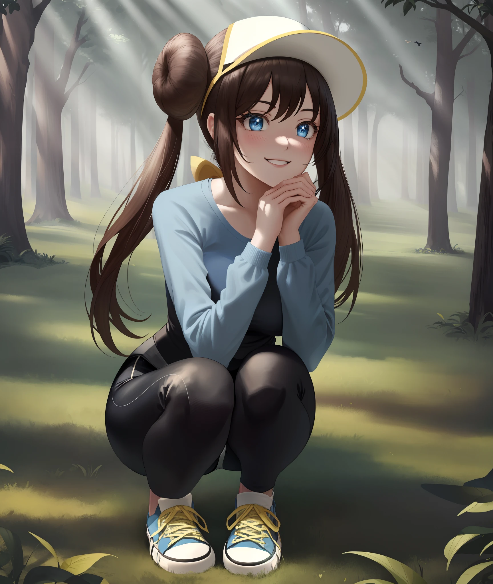 [Rosa_(Pokemon)], ((masterpiece)), ((high quality)), ((HD)), ((detailed shading)), ((beautiful solo portrait)), ((full body)), ((bird's-eye view)), ((anime)), {attractive woman, brown hair, long twin tails, 2 hair buns, (beautiful blue eyes), (long eyelashes), beautiful thighs, gorgeous hips, beautiful lips, (excited smile), (white teeth), (blushing)}, {(yellow long sleeve sweater), (blue sleeves), (black spandex yoga pants), (blue converse sneakers), (yellow laces), (pink brim visor)}, {(on knees), (hands on knees), (looking up)}, [background; (park), (trees), (trees), (sun rays through trees)]