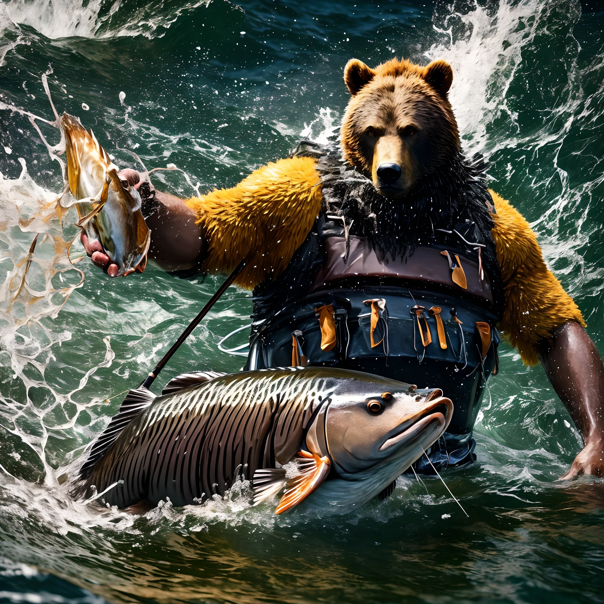 (best quality,alto),A boy fishing for salmon in Alaska, Na margem do rio, um urso gigantesco perseguindo o pescador, Dramatic lighting and intense atmosphere, cores vibrantes, Detailed representation of man's fishing equipment and bear skin, Estilo fotorrealista, sparkling water, movimento poderoso, breathtaking landscapes