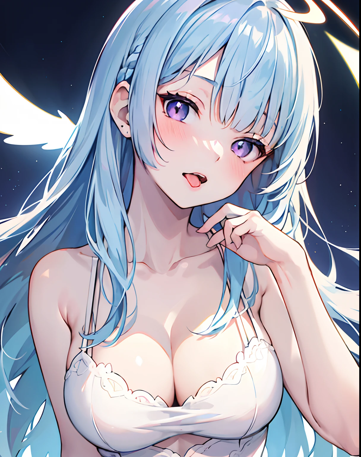 Masterpiece, High definition, High quality, Detailed face, detailed body render, 1girl , bare shoulders , blunt bangs , blush , bright pupils , cleavage , collarbone , head tilt , large breasts , light blue hair , long hair , looking at viewer , naughty face , neck , open mouth , purple eyes , simple background , tongue out , topless , upper body , white halo
