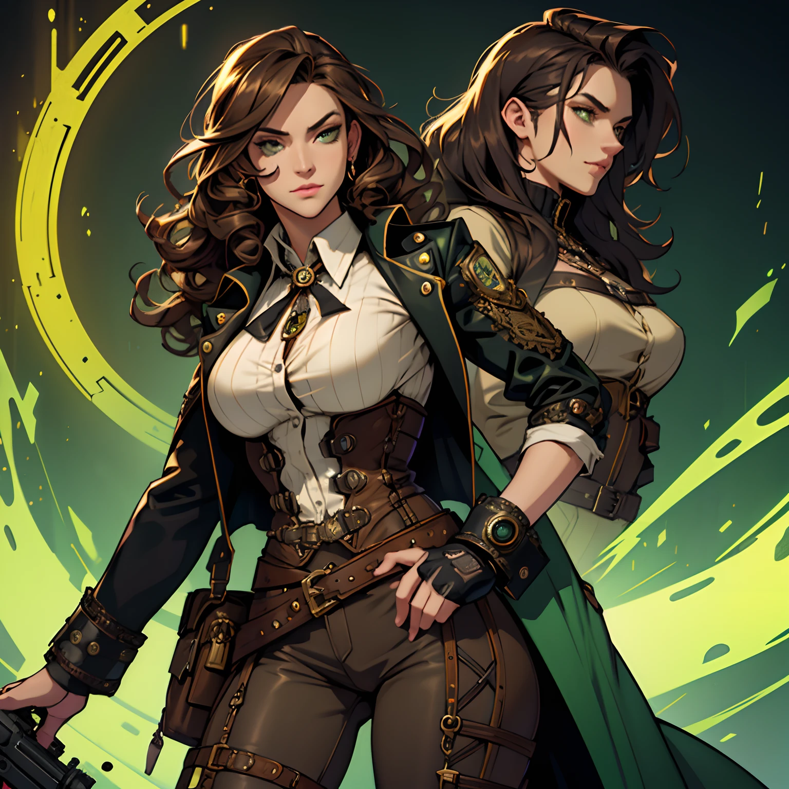 Badass Woman. Dark Green aura. Venenous Steampunk Gun. Steampunk Style. Dark Style. Long Curly Brown Hair. Very Curly Hair. Dark Green aura. Venenous Aura. Sniper Steampunk Gun