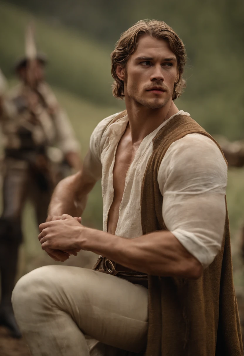 muscular hairy man stripping out of 18th century men’s clothes. Big bulge, hairy chest. Sweaty pectorals. Realistic anatomy. The face of Joe Alwyn.