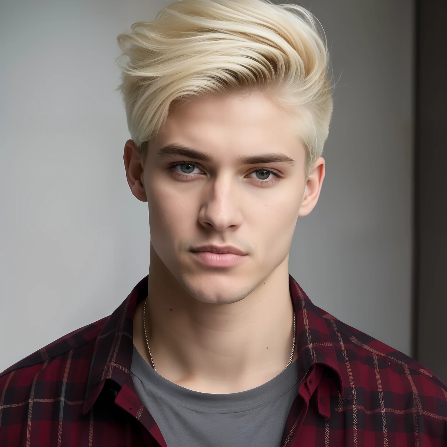 Rapaz loiro com uma camisa xadrez e olhos azuis posando para uma foto, long swept back blond hair, Blonde and attractive features, rapaz loiro, extremely pale blond hair, cabelos loiros limpos, pale hair, blond British boy, cara loiro, Cute young pale, modelo masculino, modelo bem cuidado, rapaz loiro, Branco - Cabelos Loiros, Cabelo loiro com pontas de gel, rosto detalhado, square jawline, rosto atraente, jovem atraente, Sam Harwood 8k