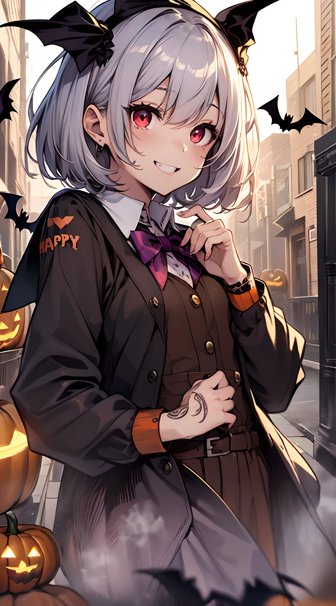 top-quality、Top image quality、in 8K,4K,masterpiece、(NSFW:1.1)、ultra-detailliert、Beautiful、ultra-quality、cute little、girl with(((18year old、Halloween Costumes:1.5、School Uniform 1:3、Bust 78、silber hair、a short bob、Red Eyes、erotick:1.4、Happiness、The tattoo)))、hiquality、visualart、Background with((Halloween:1.2))、masutepiece