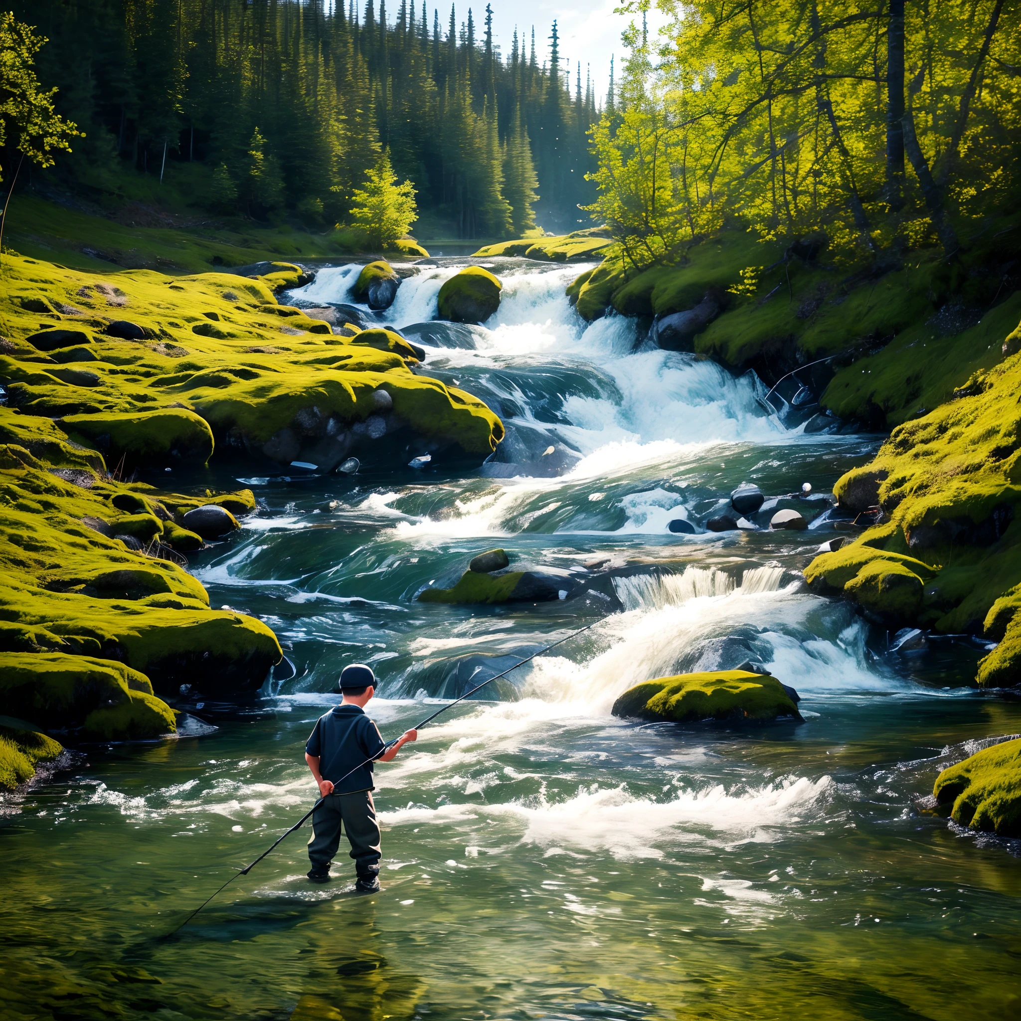 "Capture a breathtaking moment in the Alaskan wilderness where a young boy is fishing for salmon by the river. Highlight the dramatic lighting and intense atmosphere, showcasing the boy's determination and the sparkling water reflecting the vibrant colors of the landscape. Ensure a fotorrealistic style and vivid details of the man's fishing equipment, creating a powerful and inspiring image."