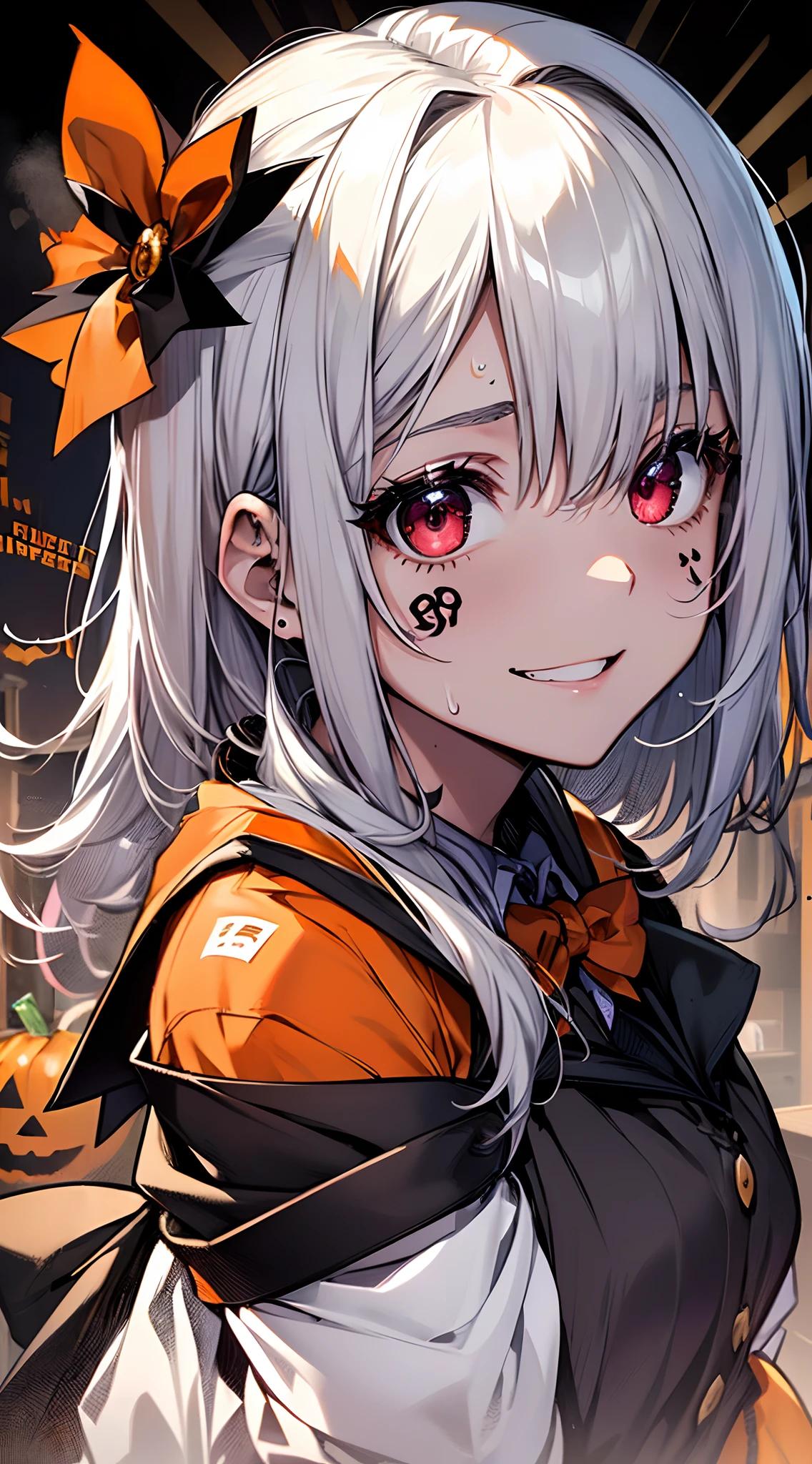 top-quality、Top image quality、in 8K,4K,masterpiece、(NSFW:1.1)、ultra-detailliert、Beautiful、ultra-quality、cute little、girl with(((18year old、Halloween Costumes:1.5、School Uniform 1:3、Bust 78、silber hair、a short bob、Red Eyes、Skin shining with sweat、、erotick:1.4、Happiness、The tattoo)))、hiquality、visualart、Background with((Halloween:1.2))、masutepiece