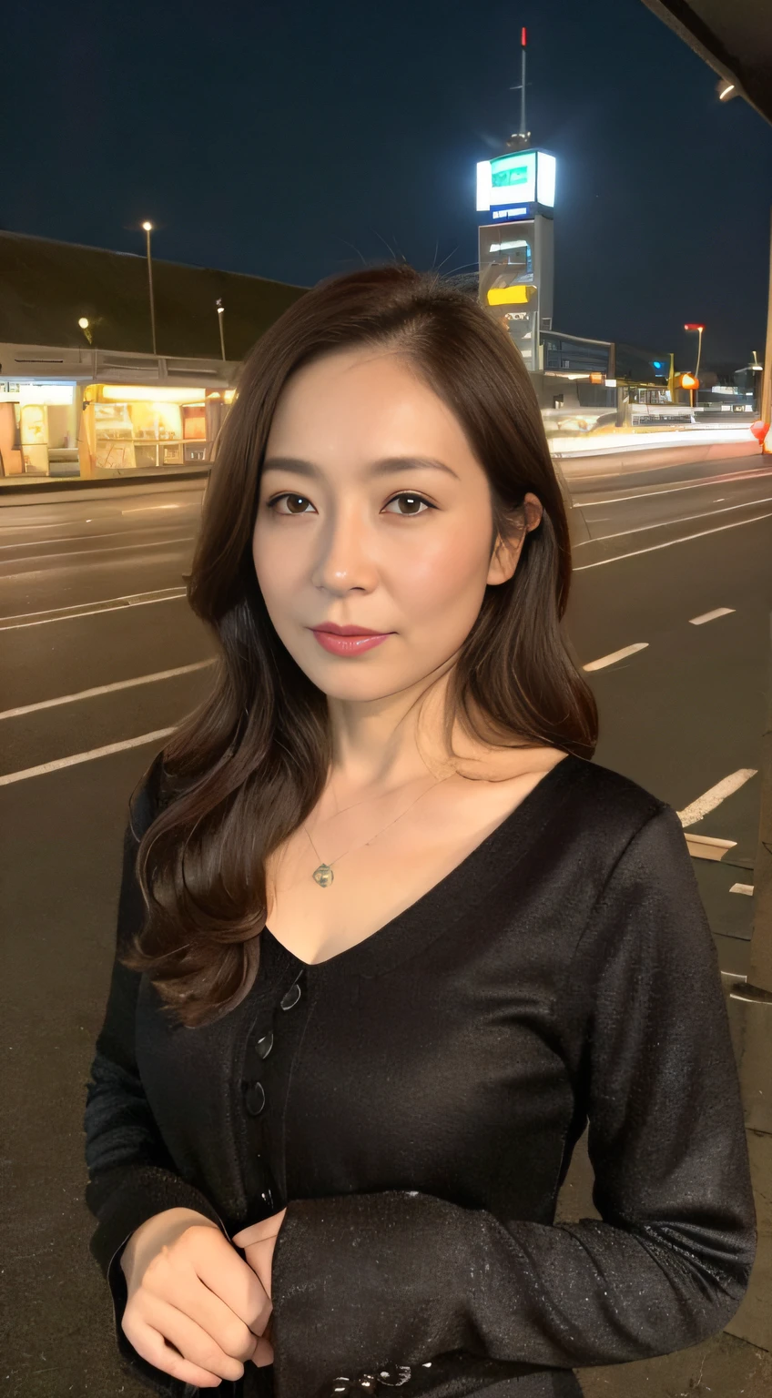 ((midynight, Need, 8K, tmasterpiece:1.3)), full bodyesbian, Long legs, Focalors:1.2, perfect figure beautiful woman:1.4, ((Dark brown hair)), (Elegant black shirt, standing on your feet:1.2), ((city night scene, the roof:1.3)), Highly detailed facial and skin texture, A detailed eye, 二重まぶた,Beauty,Wavy hair, Wrinkles at the corners of the eyes, to emphasize, ,Bigchest,aged 40, Wrinkled eyes,