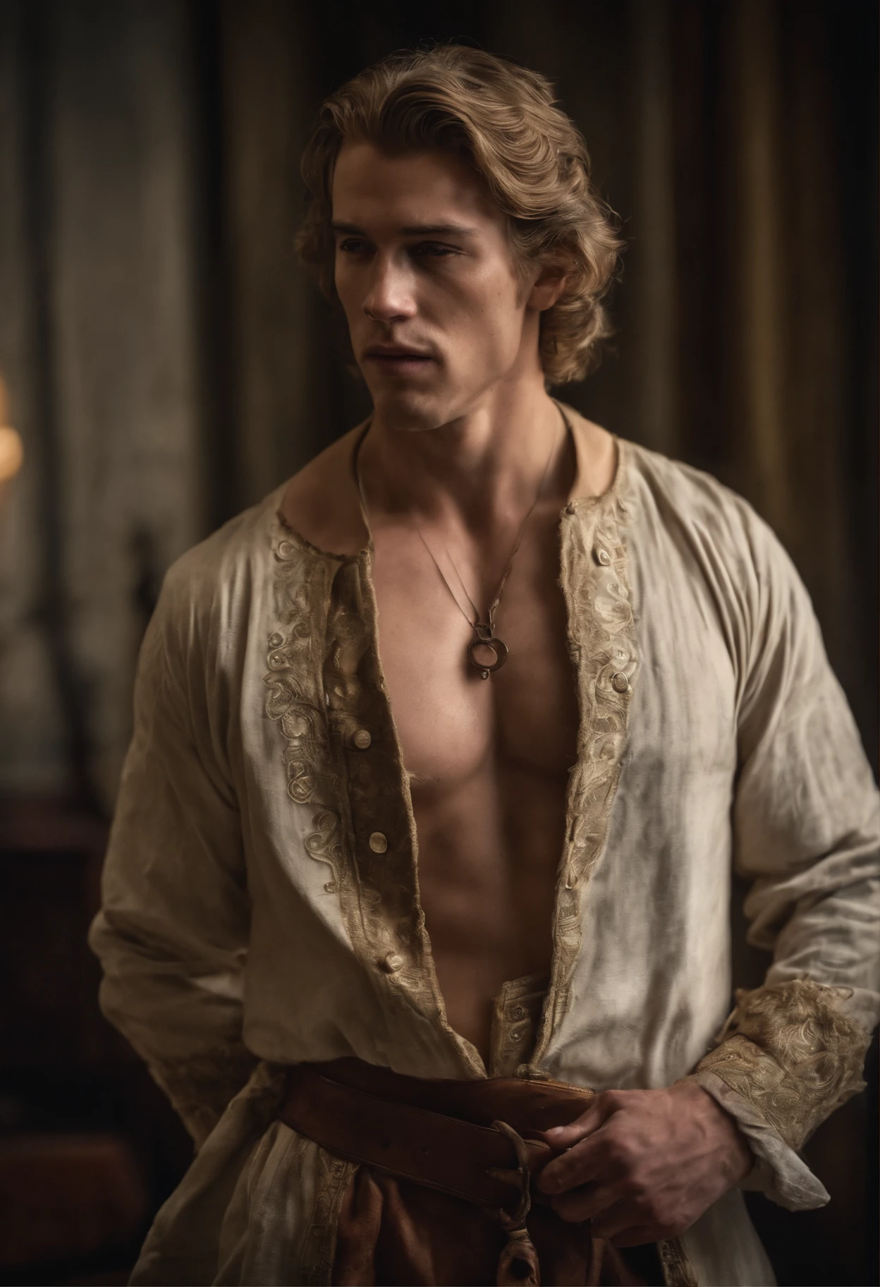Portrait of beautiful young blond man, sexy, European king, throne, short hair, gold, wealth, elegance, majesty, high quality, hyper realistic, 4k, realistic, backlighting, (shallow depth of field:1. 5), nikon d850 film stock photograph 4 kodak portra 400 camera f1. 6 lens rich colors hyper realistic lifelike texture dramatic lighting unreal engine trending on artstation cinestill 800 (vignette:1. 3), filmgrain, artistic photography, perfect composition, beautiful detailed, cinematic perfect light