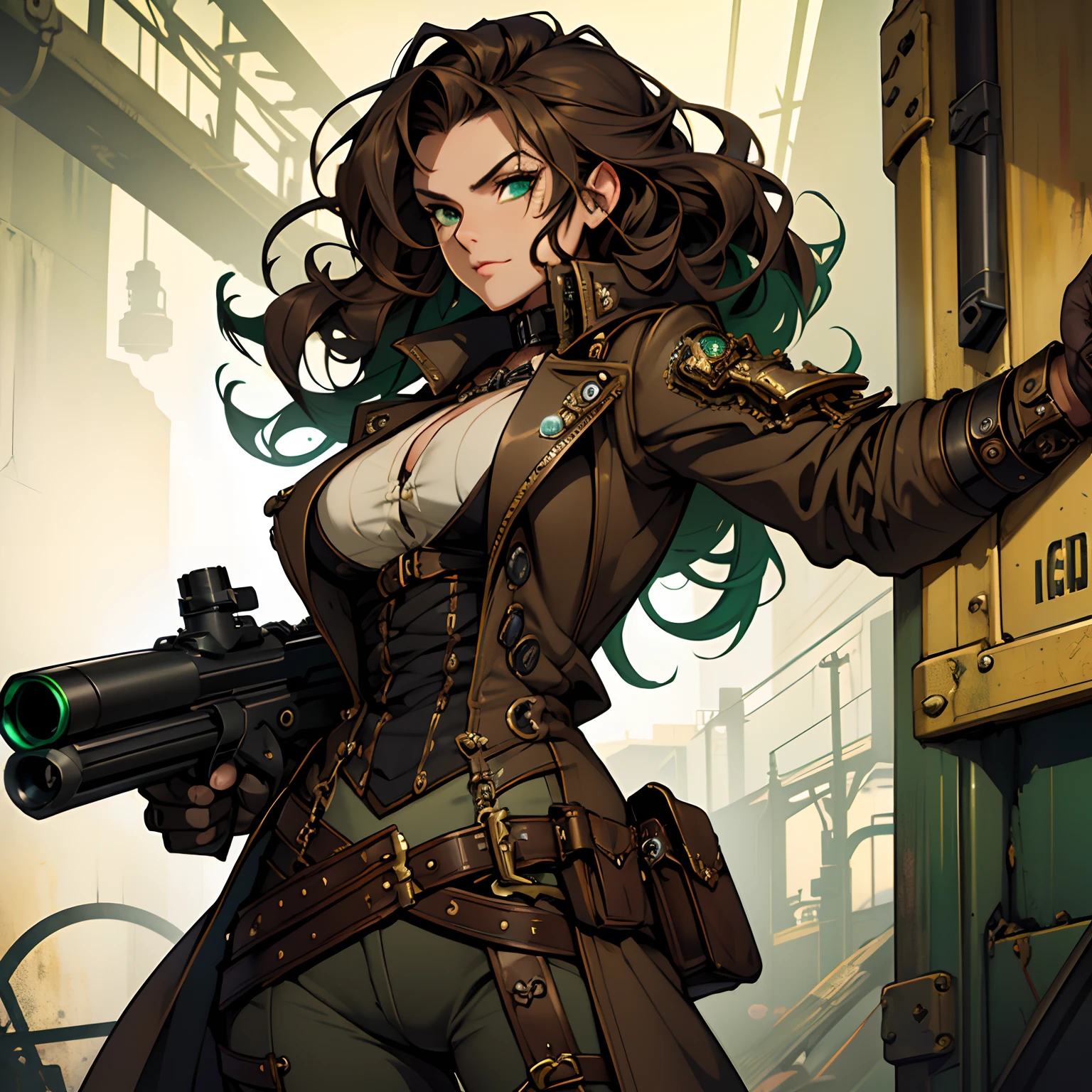Badass Woman. Green aura. Venenous Steampunk Gun. Steampunk Style. Dark Style. Long Curly Brown Hair. Very Curly Hair