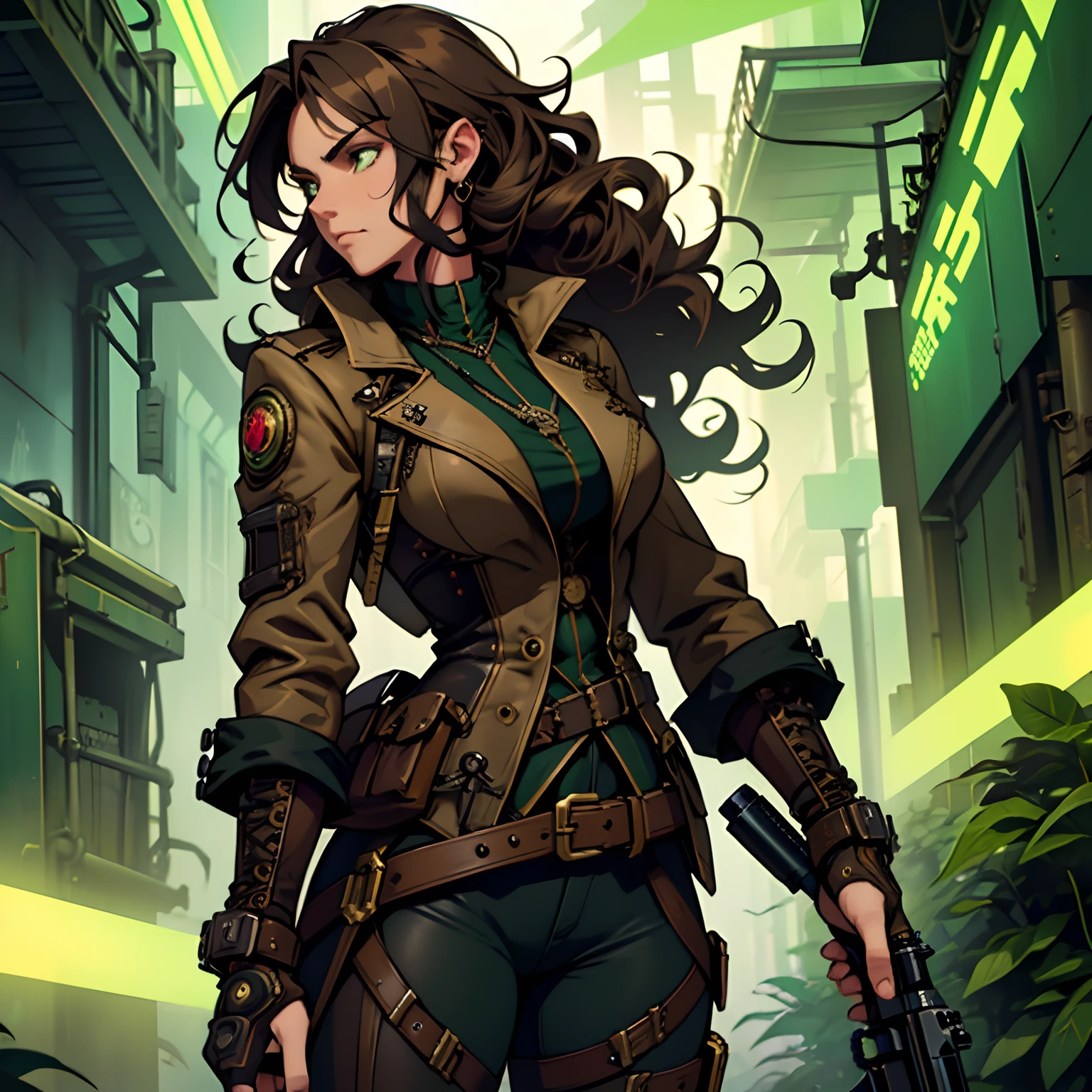 Badass Woman. Dark Green aura. Venenous Steampunk Gun. Steampunk Style. Dark Style. Long Curly Brown Hair. Very Curly Hair. Dark Green aura. Venenous Aura. Sniper Steampunk Gun. Alone