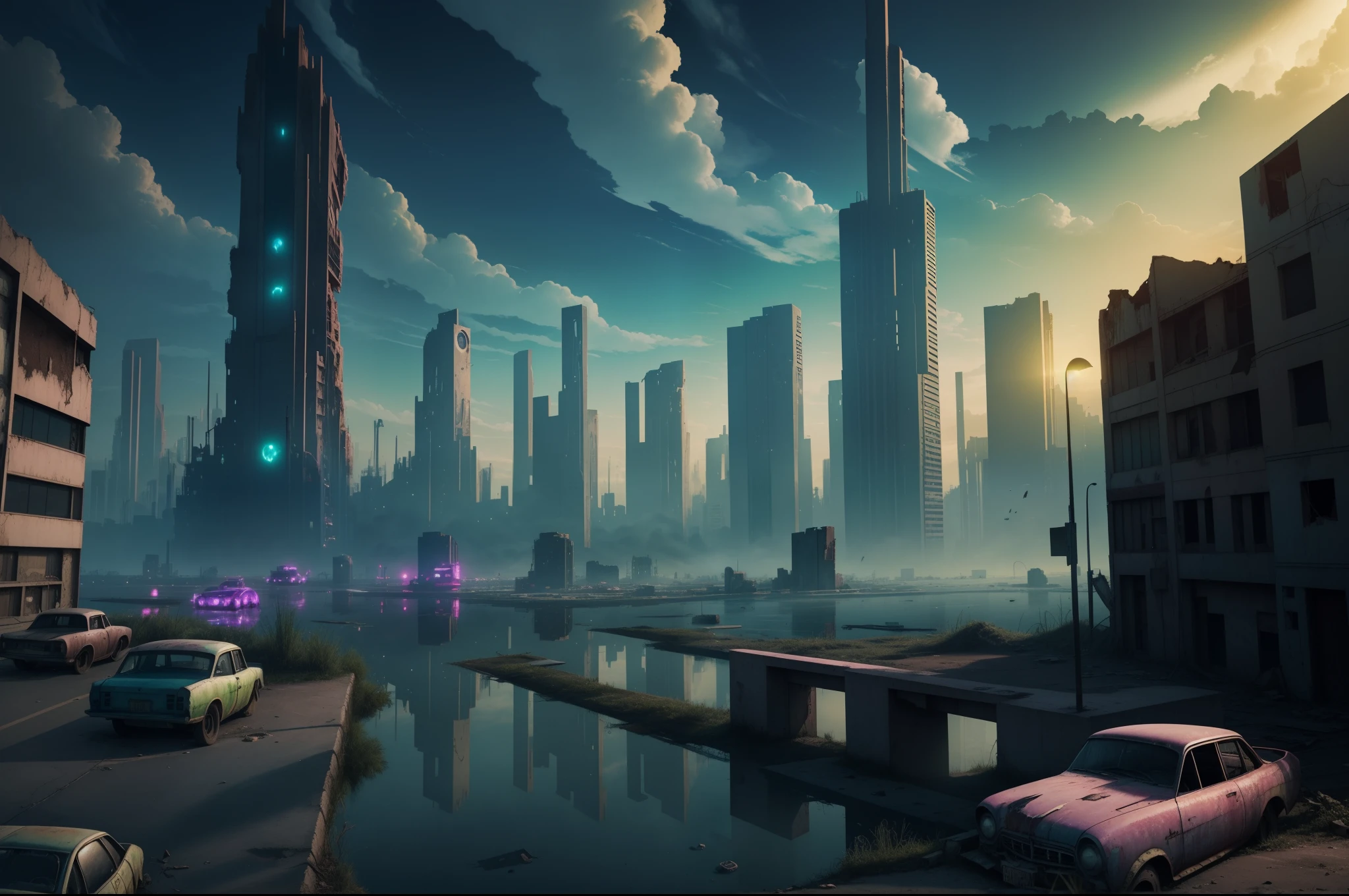 abandoned city, lost world, colorful illuminating weed, neon clouds,  floating cars, no gravity, unworldly alien creatures