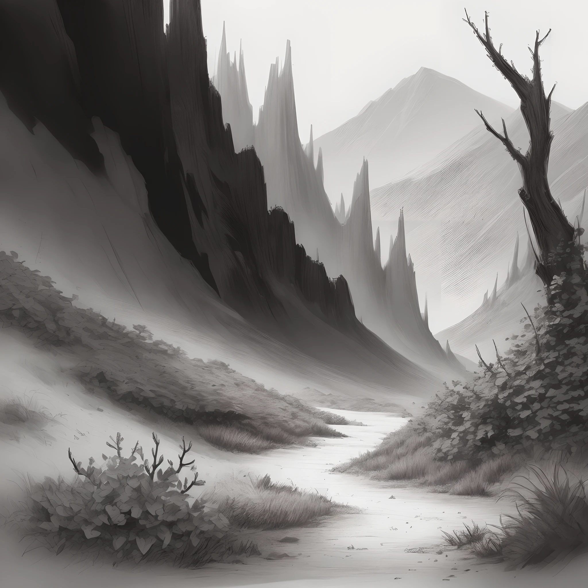 Messy black and white sketch of a thorny, lush landscape