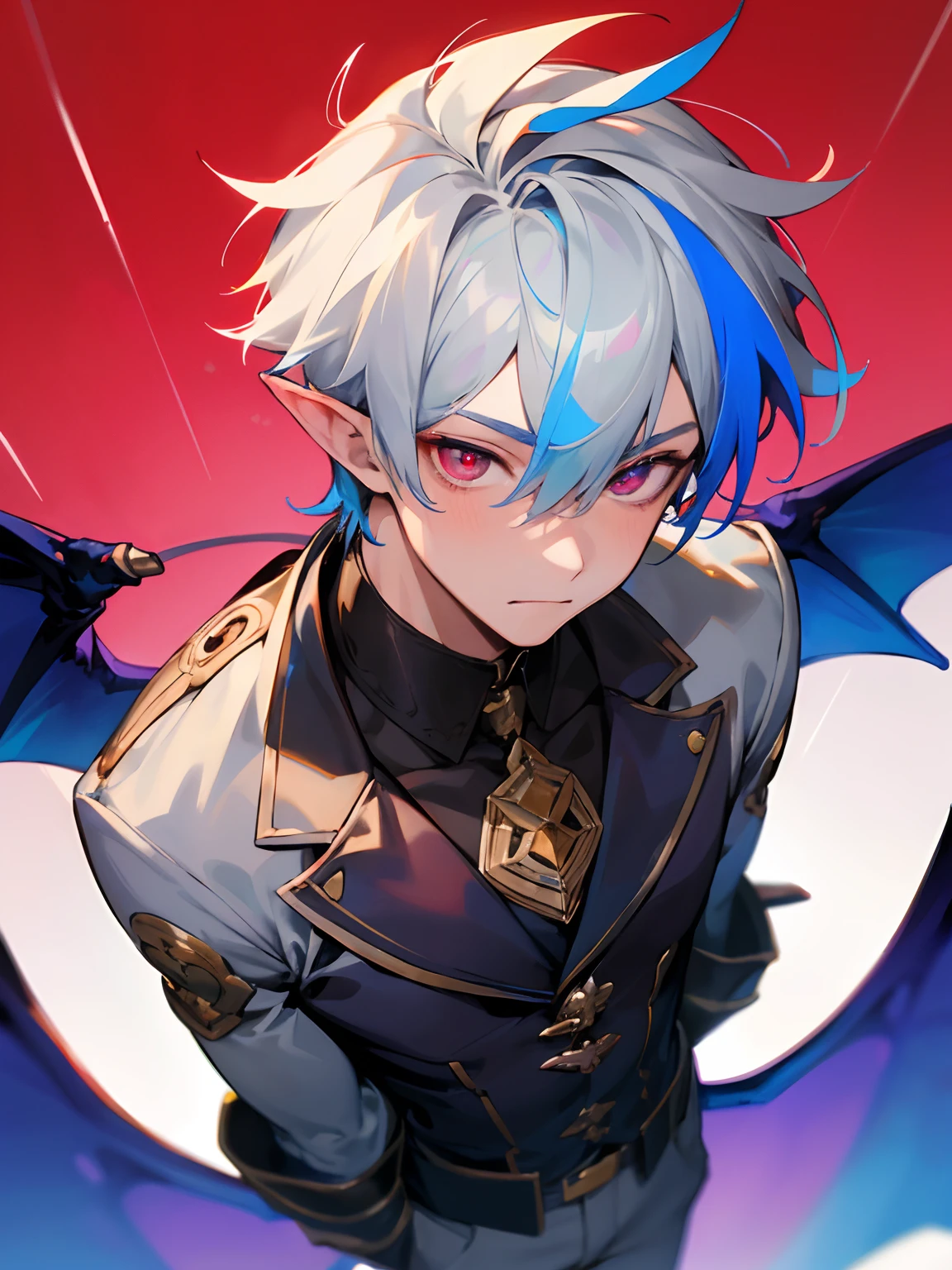 ((masterpiece, best quality)), 1boy, (mature male:1.4), 130mm f1.4 lens, 1boy, solo, pointy ears, heart-shaped pupils, from above, demon boy, big pecs, demon wings, saturated, colorful, multicolored hair, silver hair, bleu hair, multicolored eyes, analogous palette, secure and confident expression