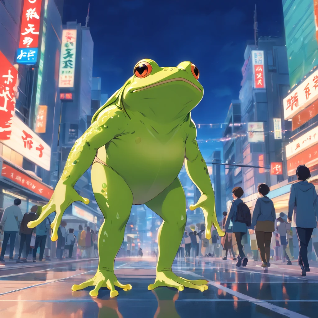 ((Raw foto)), ((masterpiece)), Anthropomorphic humanoid frog in human clothes, hoods, Pants, a person々Furiously walking between, intricate detailes, Complex Griebles works, The city behind, muscular body, Muscular arms, small head, Giant Demon, titan, espadrilles, softlighting, 32K, A hyper-realistic, The background details are exquisite,The scene is surreal,Create attractive graphic styles