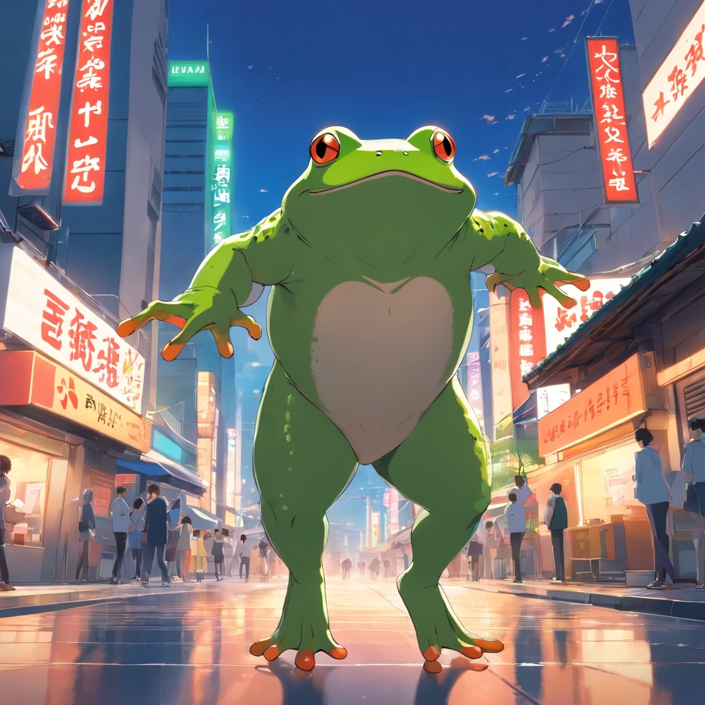 ((Raw foto)), ((masterpiece)), Anthropomorphic humanoid frog in human clothes, hoods, Pants, a person々Furiously walking between, intricate detailes, Complex Griebles works, The city behind, muscular body, Muscular arms, small head, Giant Demon, titan, espadrilles, softlighting, 32K, A hyper-realistic, The background details are exquisite,The scene is surreal,Create attractive graphic styles
