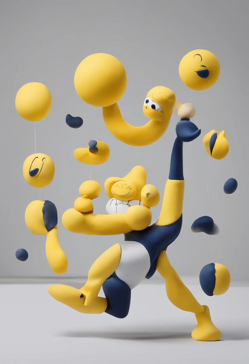 (a characters floating in the air), a mascot for technology brand, yellow navy grey white, simple form, simple lightning, cute, simple shade, technology graphic, technology pattern