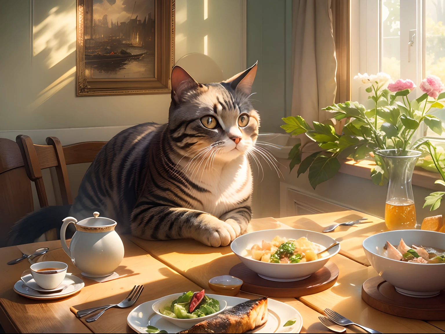 A round-eyed cat sits at the dining table, There was a plate of braised fish on the table, Sunlight outside the window..