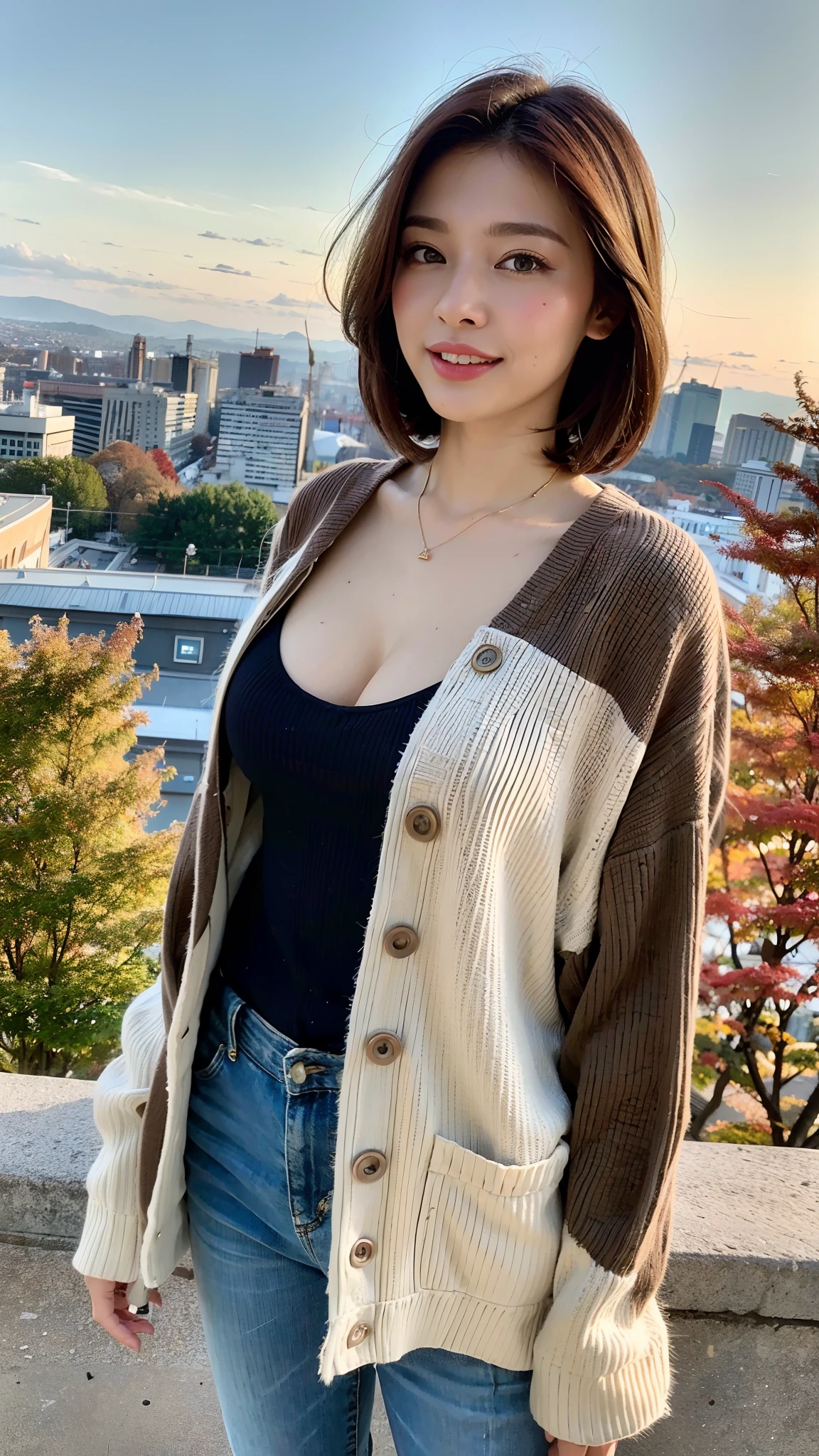 maximum quality、8K、32k、Master Masterpiece、DTV:1.2)、Photo of cute Russian woman、extremely large breast、Very short golden bob hair、Entire body、(Autumn Fashion、:1.1)、The background is the cityscape of Kyoto、Look around