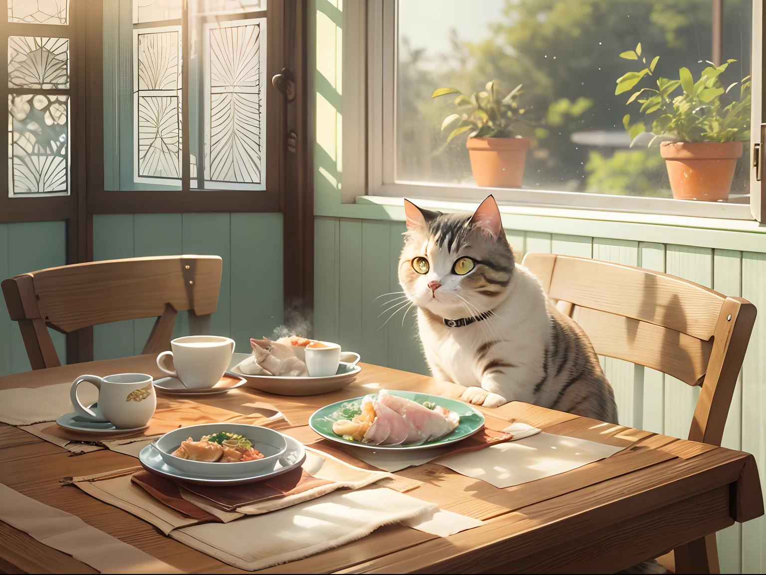 A round-eyed cat sits at the dining table, There was a plate of steamed fish on the table, Sunlight outside the window..