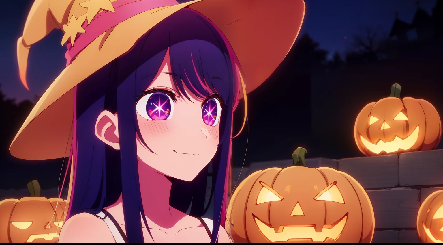 (Halloween styled, best quality,highly detailed:1.2),1girl,direct eye contact,soft lighting,anime styled,2D,witch hat,cute:1.1,Halloween theme,pumpkin decorations,ghost decorations,far shot, cleavage, stomach Anime girl with long hair and purple eyes, a picture inspired by Puru, Tumbler, conceptual art, Anime Best Girl, anime moe art style,  iwakura lain,  (Anime Girl)、A slight smile、Ai Hoshino, highres,realistic,pumpkins,ghost decorations,Halloween theme,vibrant colors,creepy atmosphere,lit by moonlight,haunted house,spooky shadows,autumn leaves,falling leaves,crispy air,eerily glowing eyes,cobwebs,scary pumpkins,ominous skies,dark and mysterious,