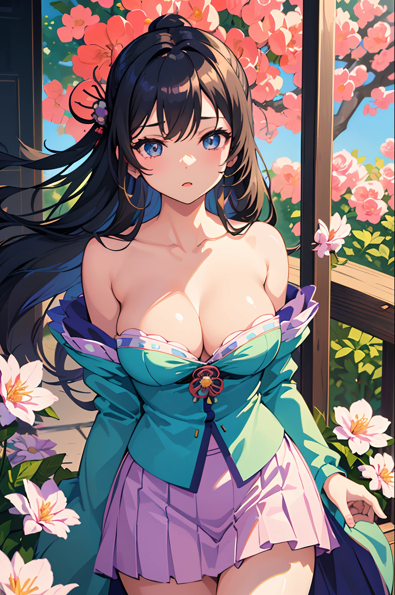 (Masterpiece:1.2, Best quality), cleavage,Large breasts,(fine detailed beautiful eyes: 1.2), 1girll, (komono:1.3), Large breasts, Bare shoulders, flowers and petals, Beautiful concept illustration, (White background:0.5), (illustration:1.1), (Extremely fine and beautiful:1.1), (Perfect details:1.1), Cowboy shot,