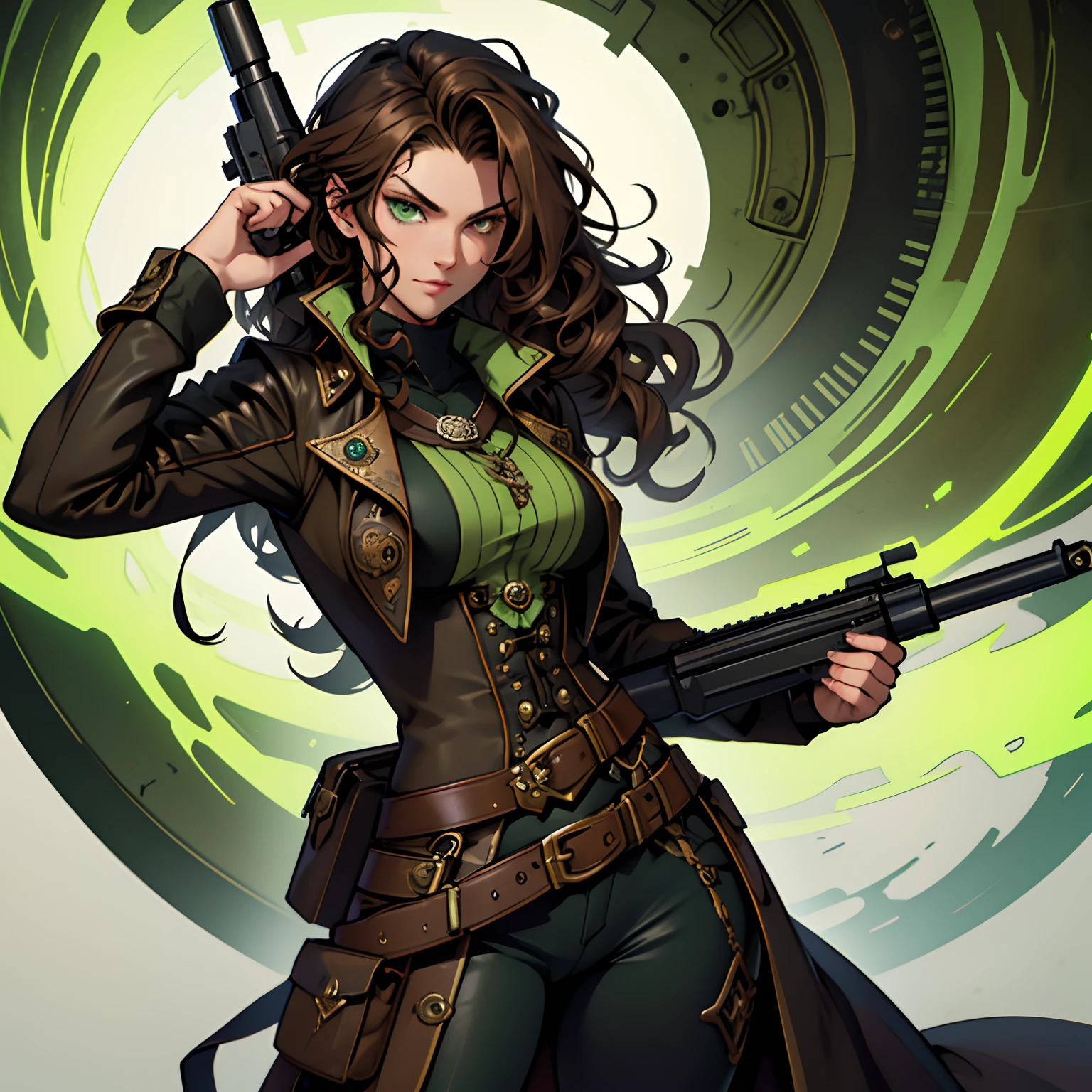 Badass Woman. Dark Green aura. Venenous Steampunk Gun. Steampunk Style. Dark Style. Long Curly Brown Hair. Very Curly Hair. Dark Green aura. Venenous Aura. Sniper Steampunk Gun. Alone