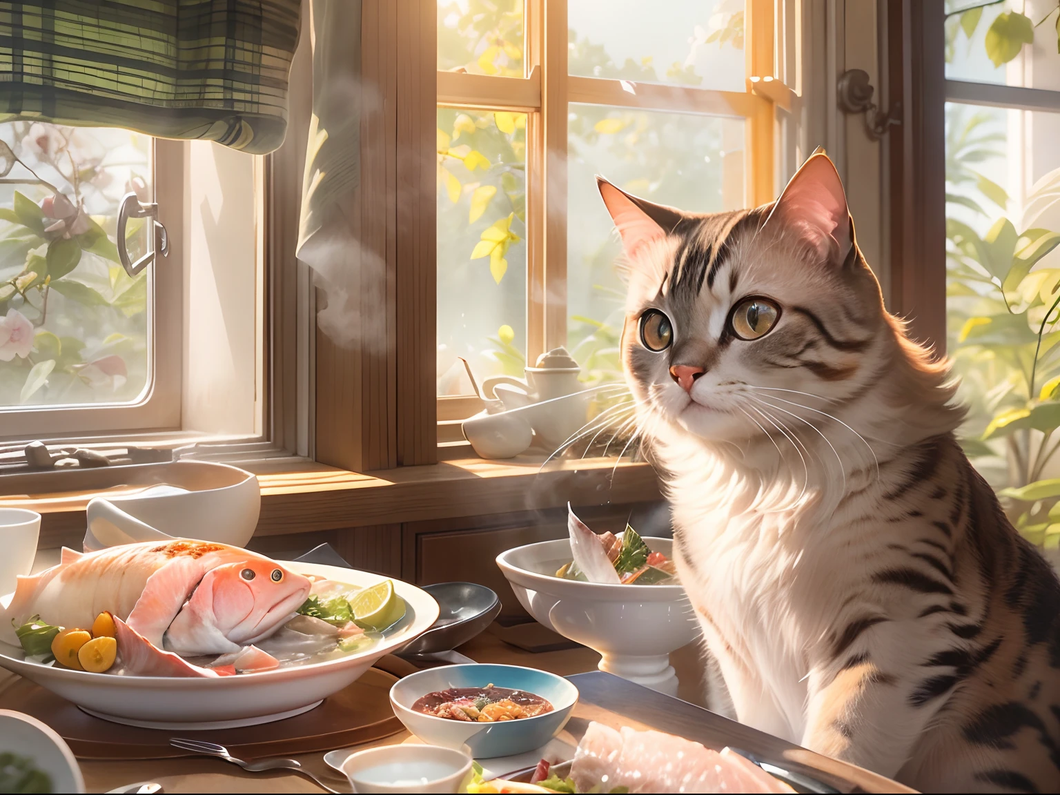 A round-eyed cat sits at the dining table, There was a plate of steamed fish on the table, Sunlight outside the window..