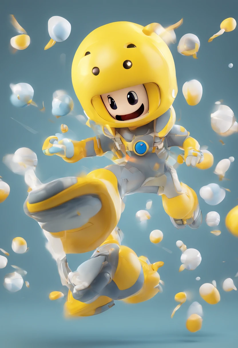 (a characters floating in the air), a mascot for technology brand, yellow navy grey white, simple form, simple lightning, cute, simple shade, technology graphic, technology pattern