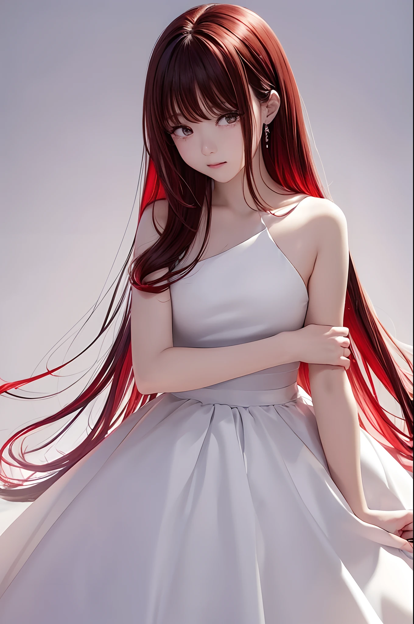 FULL BODYSHOT、an oil painting、masterpiece、top-quality、hight resolution、Red hair、Pitch black background、bobhair、Medium Hair、(((White Dress)))Hair that grows to the shoulders、Front-facing、Shot up to the top of your head、is crying、Tears run down my cheeks、Wiping tears、lamentation、Wiping tears