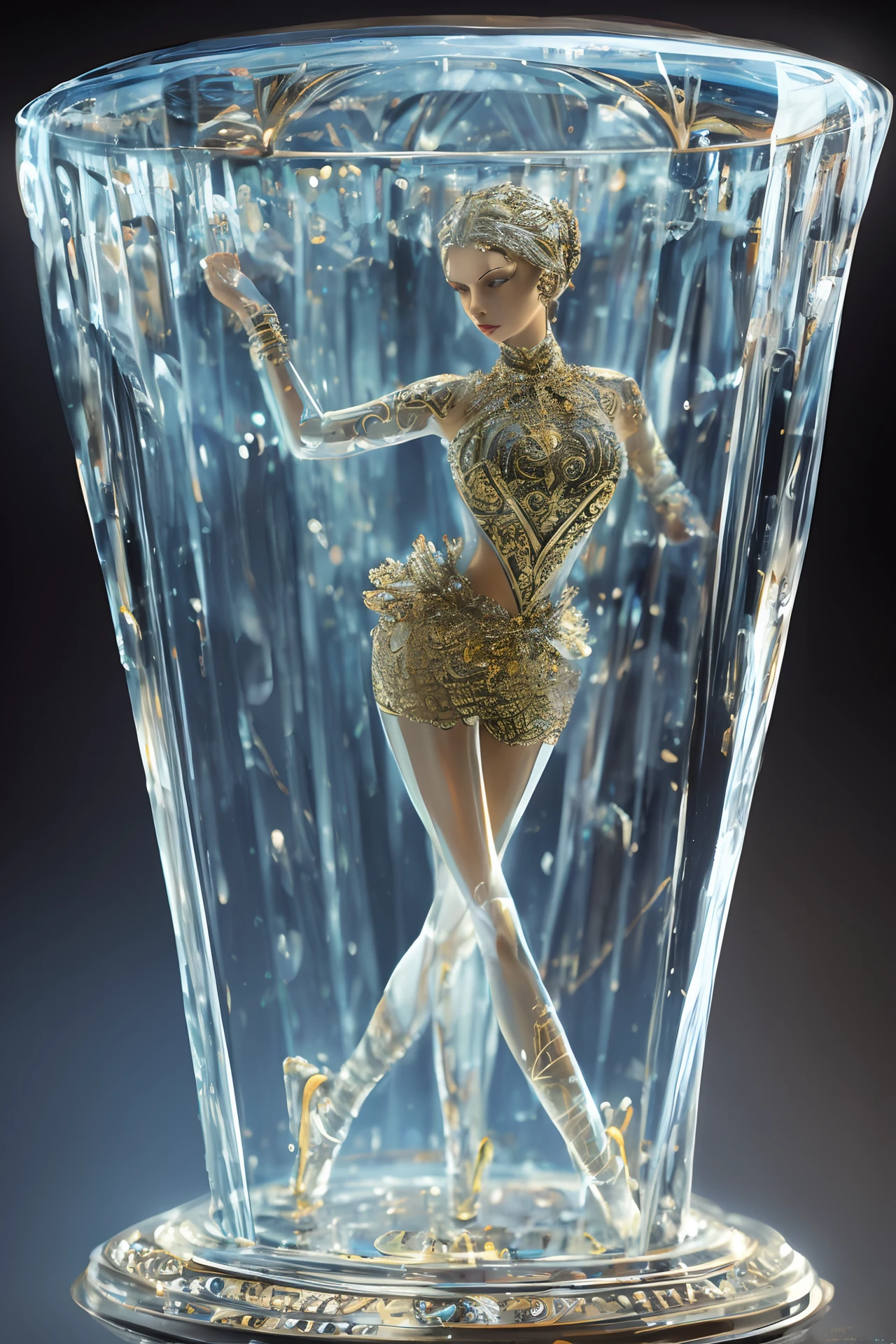 transparent glass ballerina figurine, 3D model, looking at the viewer, crazy details, perfect anatomy, perfectly drawn face, perfectly drawn eyes, extremely detailed, light through glass, surround lighting, black background, art station, science fiction, intricate artistic masterpiece, ominous, poster, matte film for painting, popular in cgsociety intricate epic detailed vivid production ultra-high-quality cinematic rendering of characters