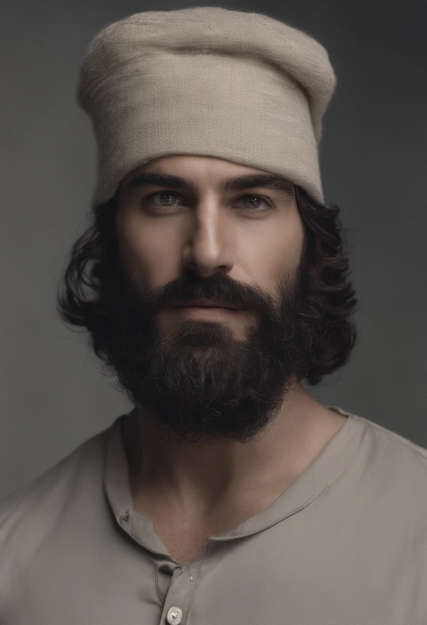 An incredibly handsome and sexy 37-year-old with short dark black hair and brown eyes, angular jaw, Face of the box, barbe de chaume, Grand et maigre, wear a casual shirt and cap. Dark grey background and studio lighting, Installation of the directory, Gros plan sur les personnages, Portrait of the character's head, Gros plan sur les personnages.