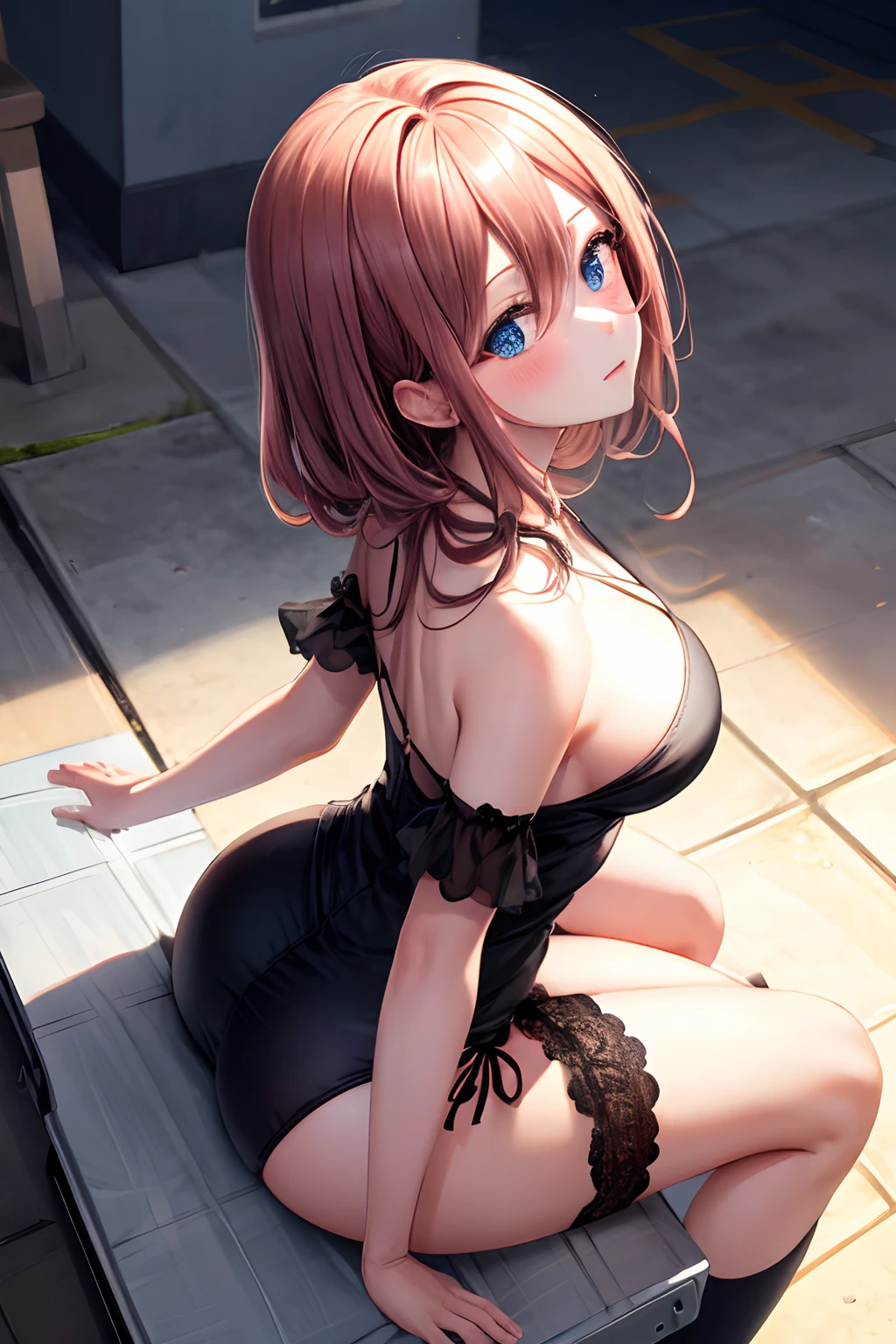 ultra-detailliert, 1girll, , Large breasts, blush, Sit on someone else's lap, straight-on, From  above, from behind, angle of view, Sideways, masutepiece, Best Quality