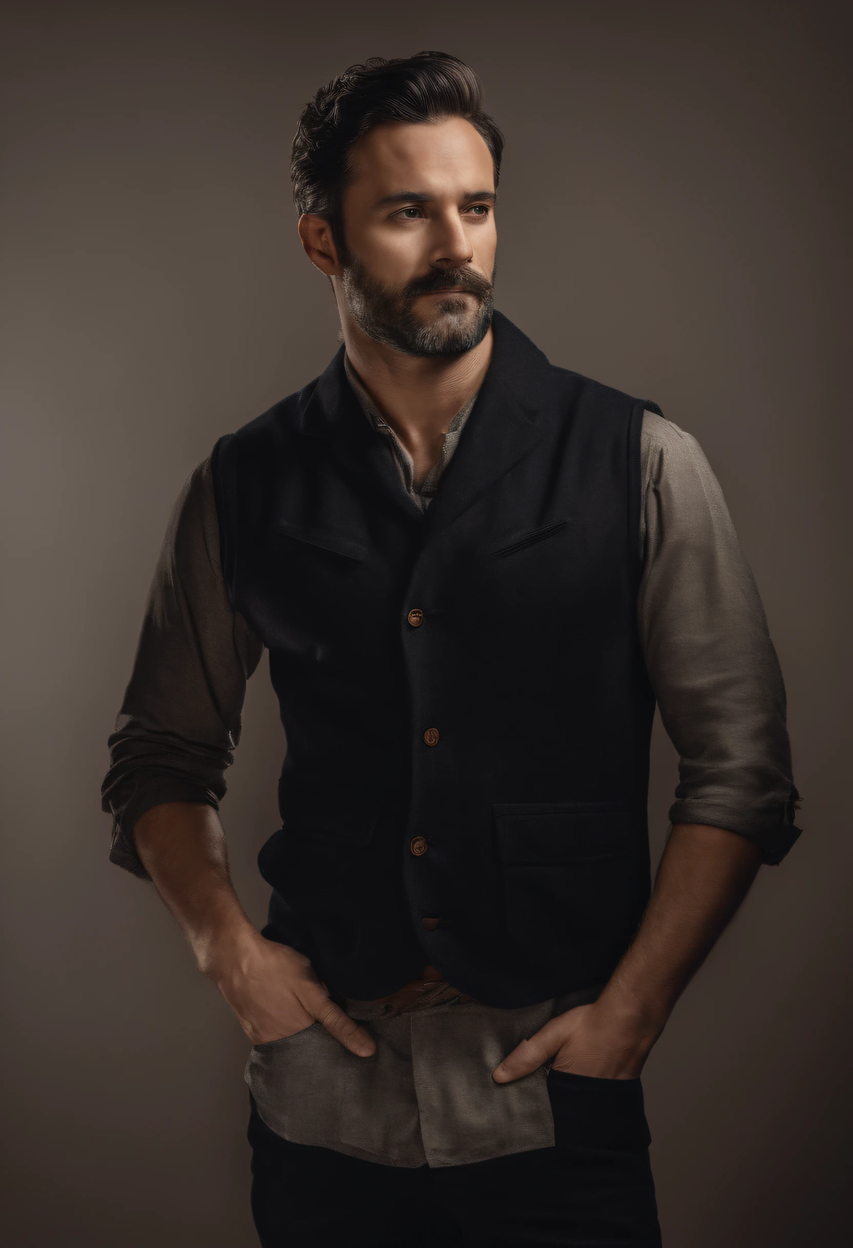 An incredibly handsome and sexy 37-year-old with short dark black hair and brown eyes, angular jaw, Face of the box, barbe de chaume, Grand et maigre, wear a casual shirt and cap. Dark grey background and studio lighting, Installation of the directory, Gros plan sur les personnages, Portrait of the character's head, Gros plan sur les personnages.