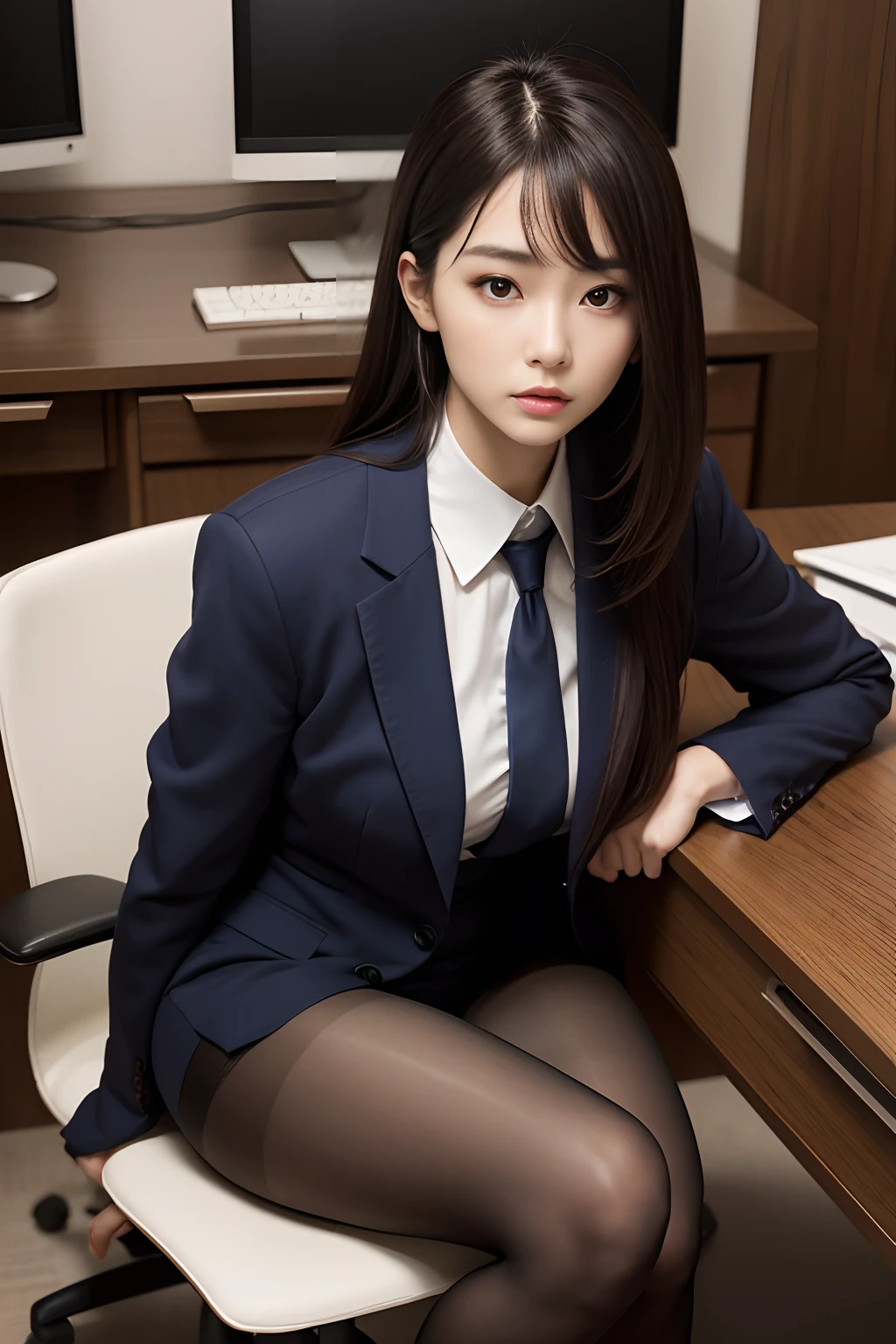 high resolution, photorealistic, hyperrealism, ultra sharpness, detailed eyes, best light, BREAK, 1girl, japanese, idol, kawaii, 18yo, silk skin, (black_business_skirt_suit, black jacket, black pencil skirt, white shirt:1.3), (office:1.4), BREAK, looking at viewer, (nsfw:1.5), (sex with multiple men:1.5), (gangbang:1.7), vaginal, penis in pussy, testicles, pov