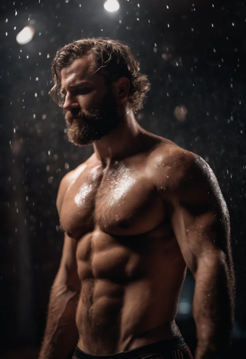 muscular hairy man stripping naked out of wet fantasy clothes. Big penis, chest hair, seeaty body. Realistic anatomy.