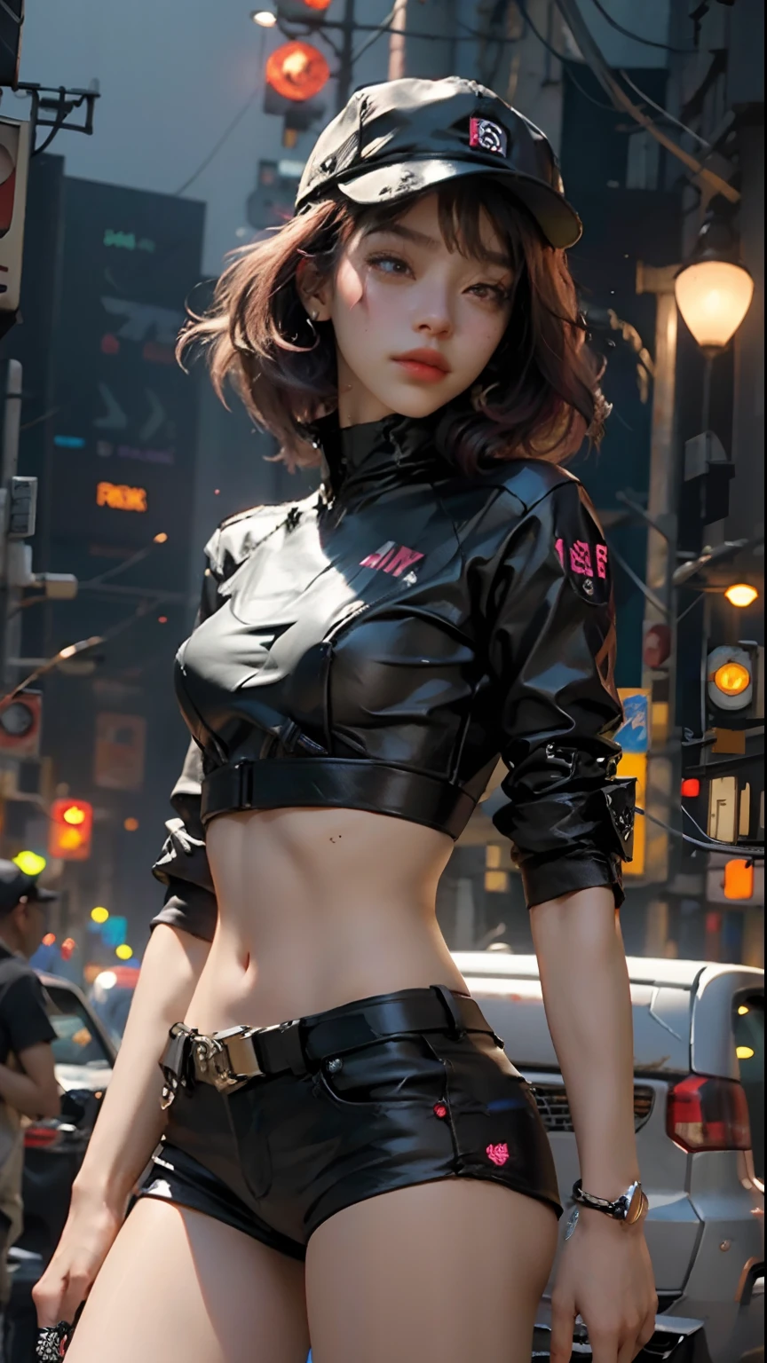 Beautiful girl small breasts, long hair, machine arms in cyberpunk scene