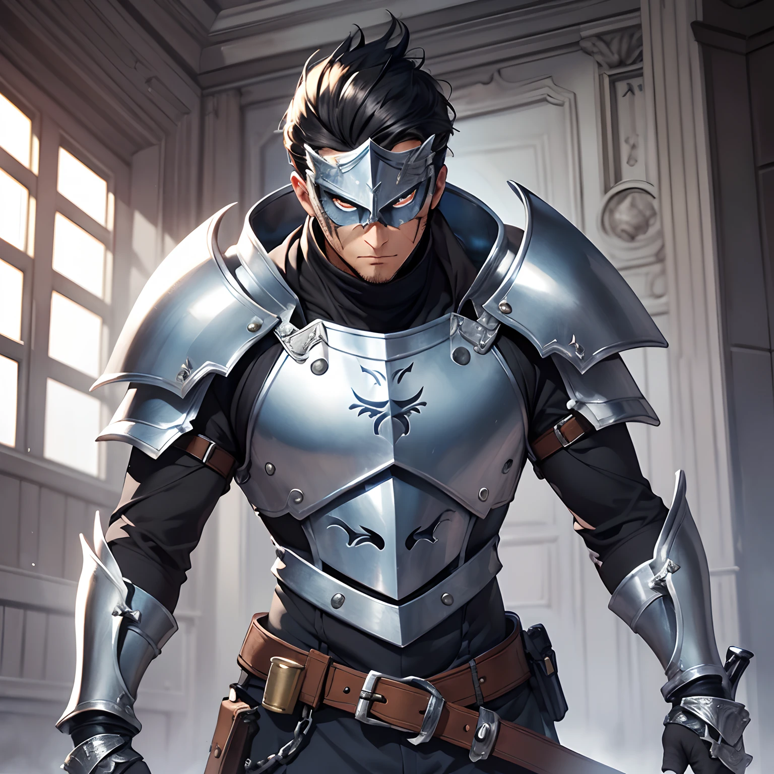 (masterpiece), (best quality), (ultra detailed), 1man, (solo), mature, short black hair, topwear: silver breast plate, bottomwear: silver greaves, menacing, handwear: ((silver gauntlets, great-sword)), blue eyes, war weary, athletic body, handsome, headwear: knight helm, stern expression, has scars