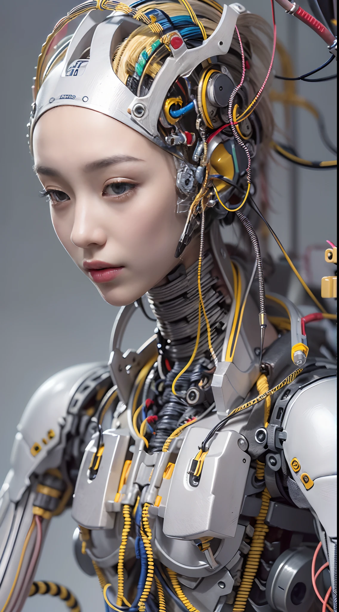 (((Masterpiece))), (((Best quality))), ((Ultra-detailed)), (Highly detailed CG illustration), ((An extremely delicate and beautiful)),(cute delicate face),Cinematic light,((1机械女孩)),Solo,full bodyesbian,(machine made joints:1.4),((Mechanical limb)),(blood vessels attached to the tube),((Mechanical vertebrae attached to the back)),((mechanical cervial attaching to neck)),((Sitting)),Expressionless,(wires and cables attached to head and body:1.5),(Character focus),Science fiction