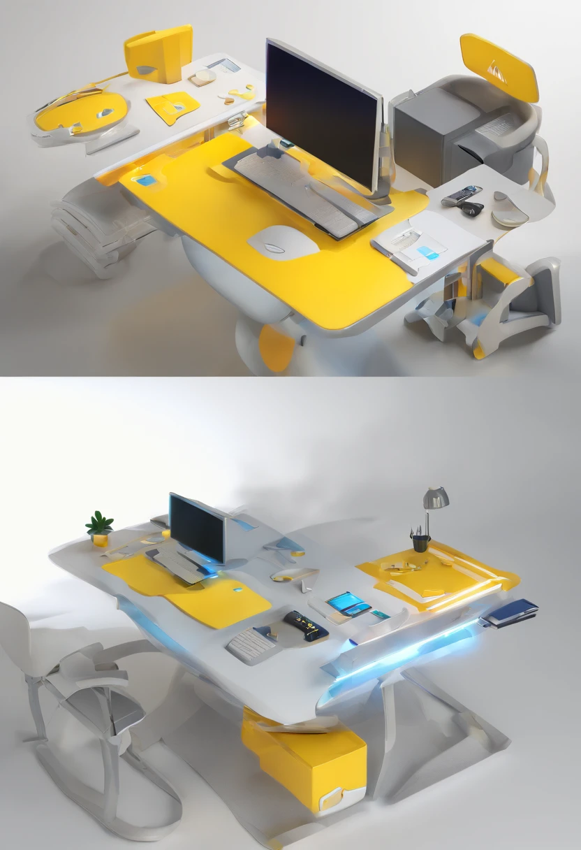 (a futuristic working desk floating in the air), yellow navy grey white, simple form, simple lightning, cute style, simple shade, technology element, cartoony, pc desktop, keyboard, mouse, chair, working desk, controller