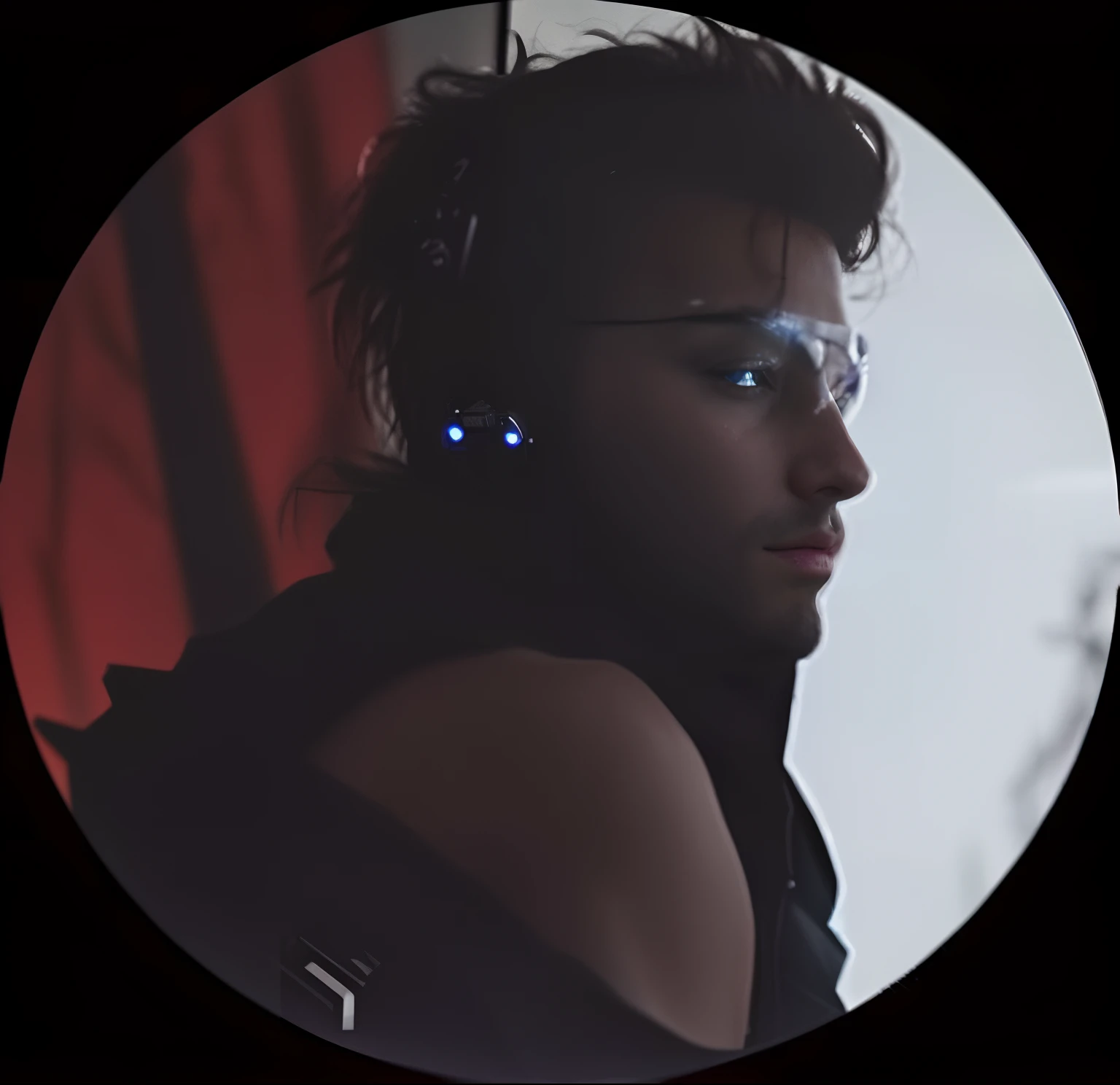 there is a man with a cell phone in his hand, Foto de perfil, imagem do avatar, macho com halo, imagem de qualidade muito baixa, Cyberpunk monocle!, halfbody headshot, highly cinematic, Toque da lente, goggles around his neck, Fotografia de 2 0 0 0, Eldritchpunk, avatar para o site, cara de hud, Deiv Calviz cyberpunk