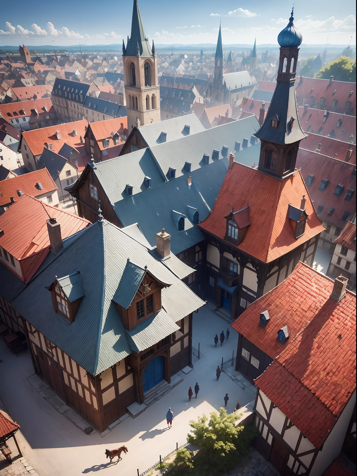 extreme detail, medieval town, every buildings has blue roofs, people walking around, fantasy animal creatures walking around, high resolution