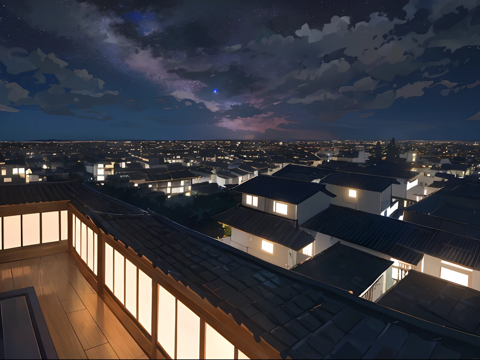 Noche desde una terraza edificio alto, nubes negras de lluvia un rayo detras, un lucero, bosque oscuro alrededor, casas lejanas