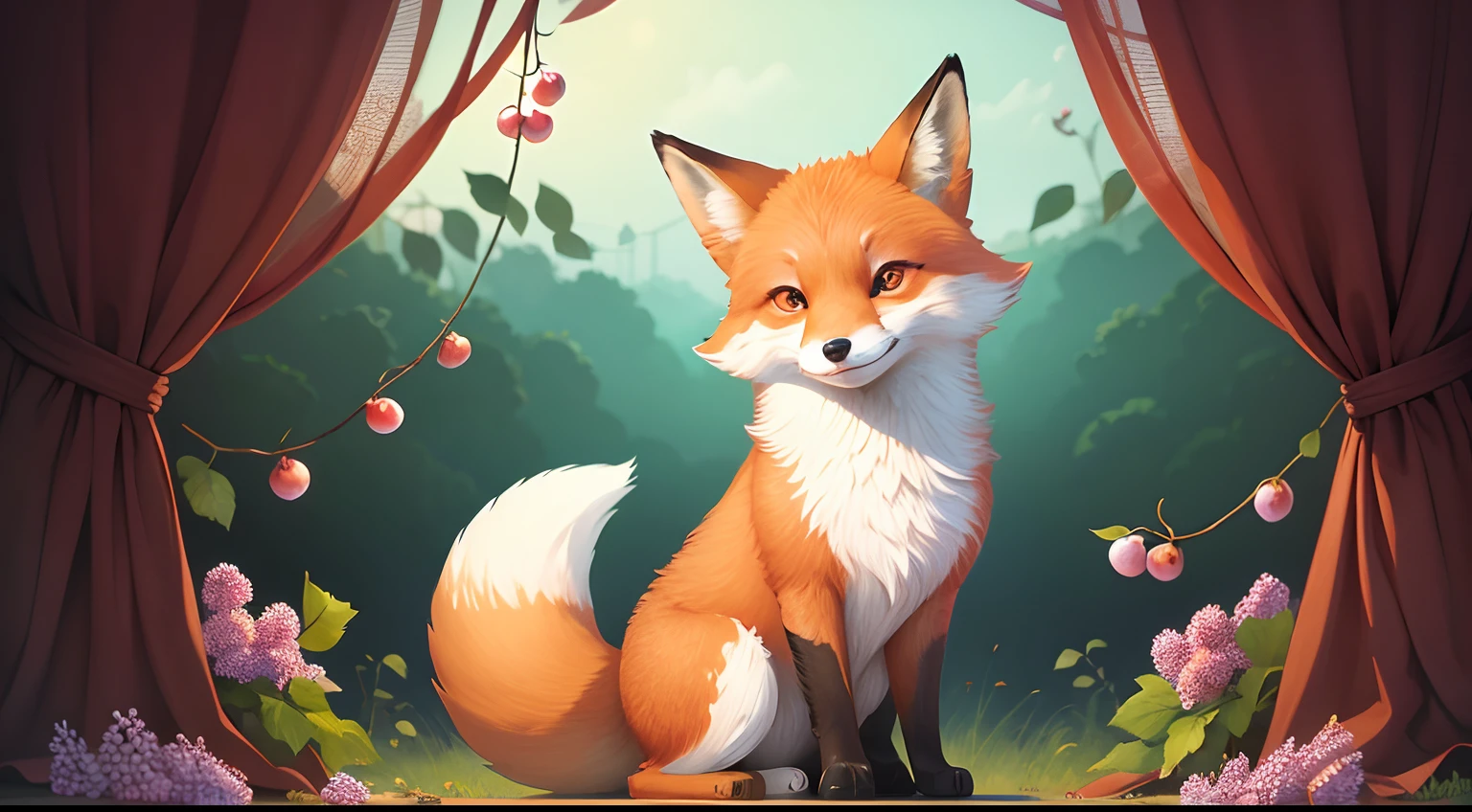 illustration, super cute, a fox looking at a distant bunch of grapes on a vine